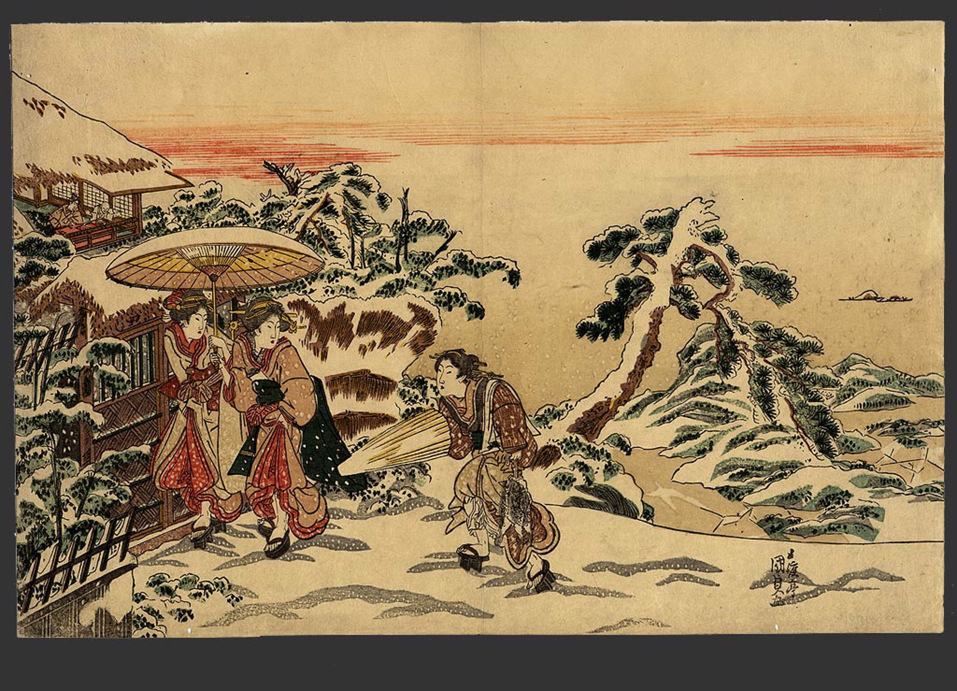 Surimono style "Bijin walking in a Snowy Landscape" by Kunisada