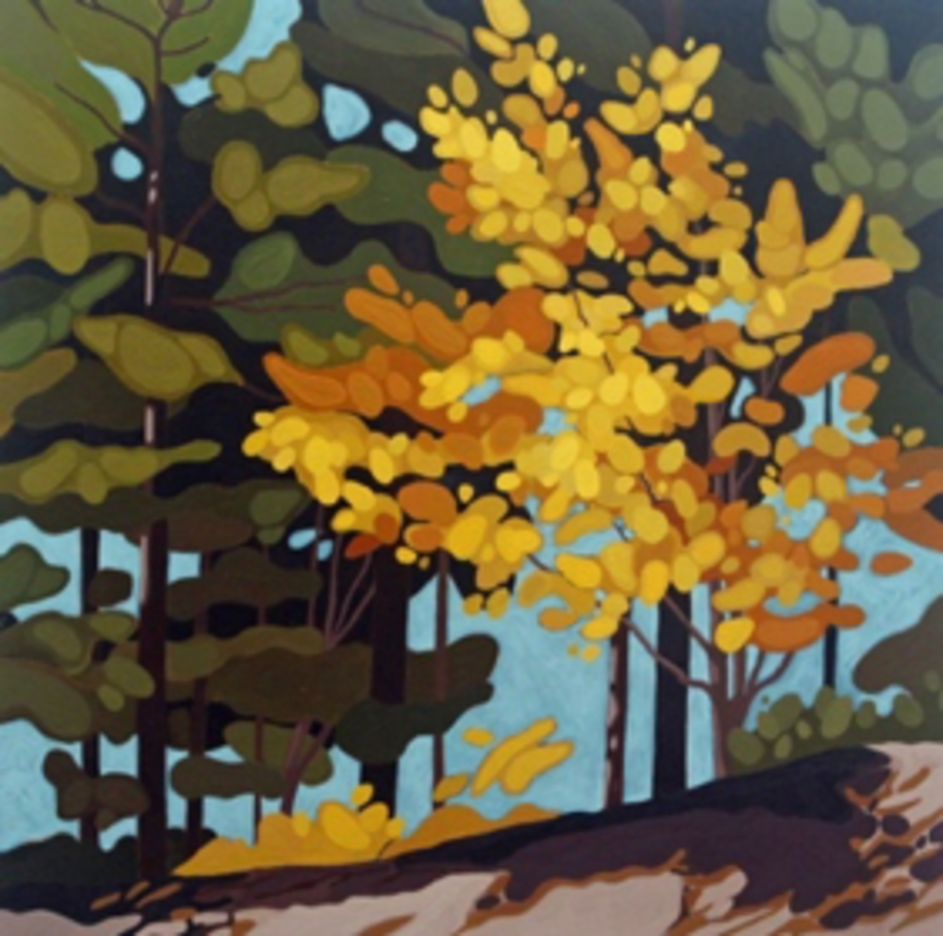 Yellow Tree and Rock by Leanne Baird