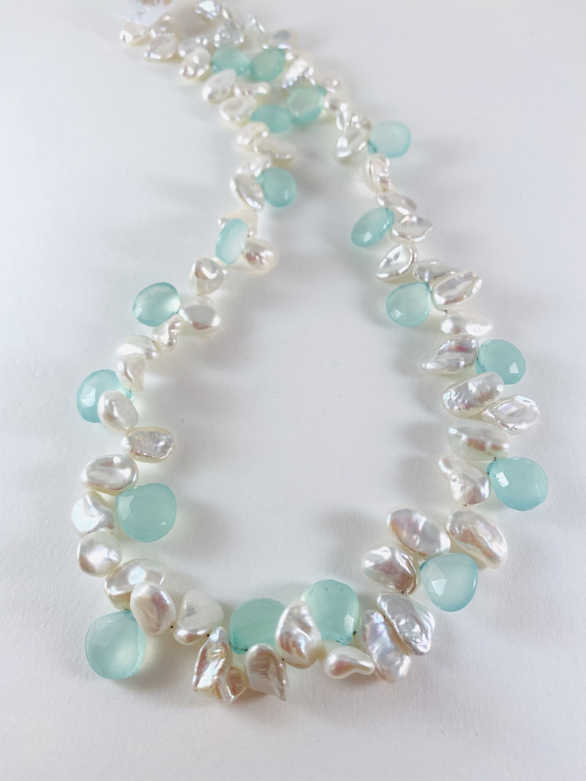 NT20-20  Keshi Pearl Faceted Aqua Chalcedony Brio Necklace by Nance Trueworthy