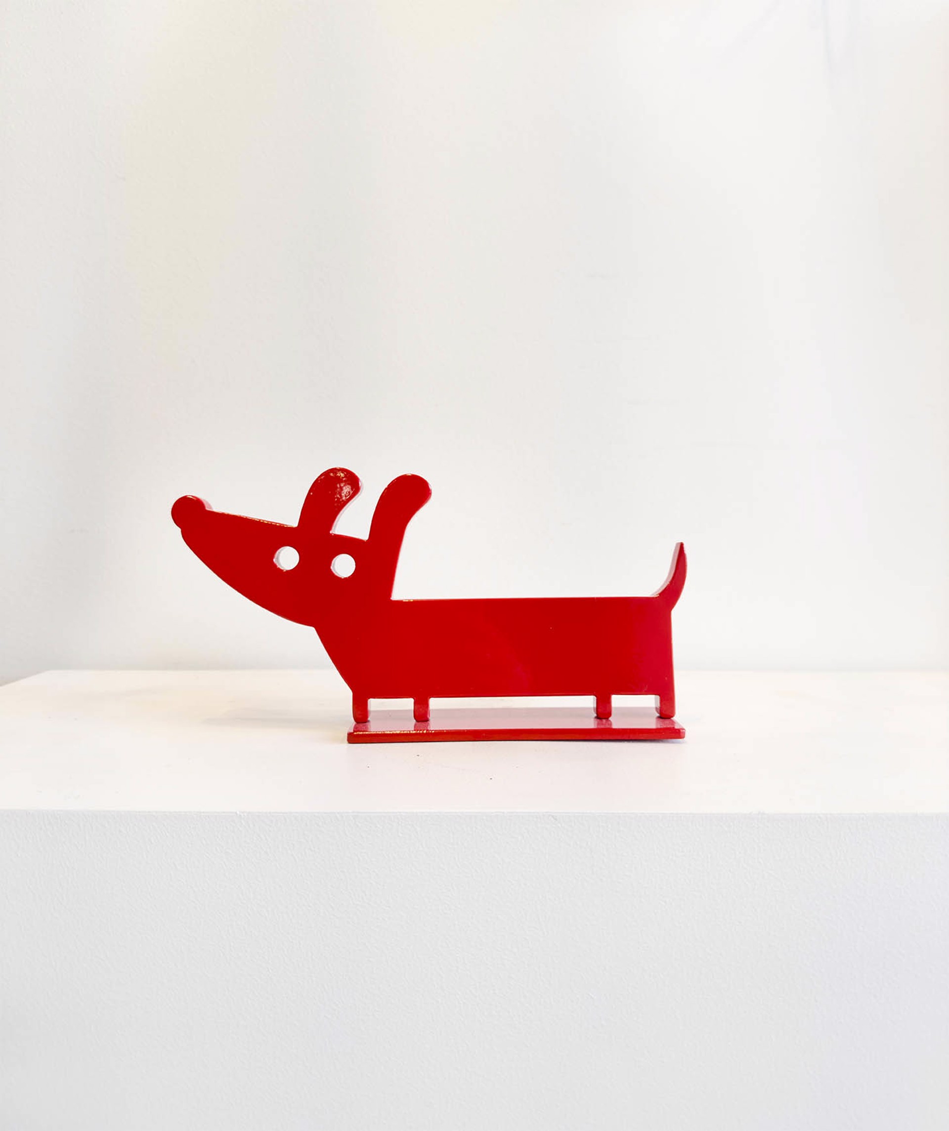 Miniature Aluminum Sculpture By Jeffie Brewer Featuring A Weiner Dog In Red Finish