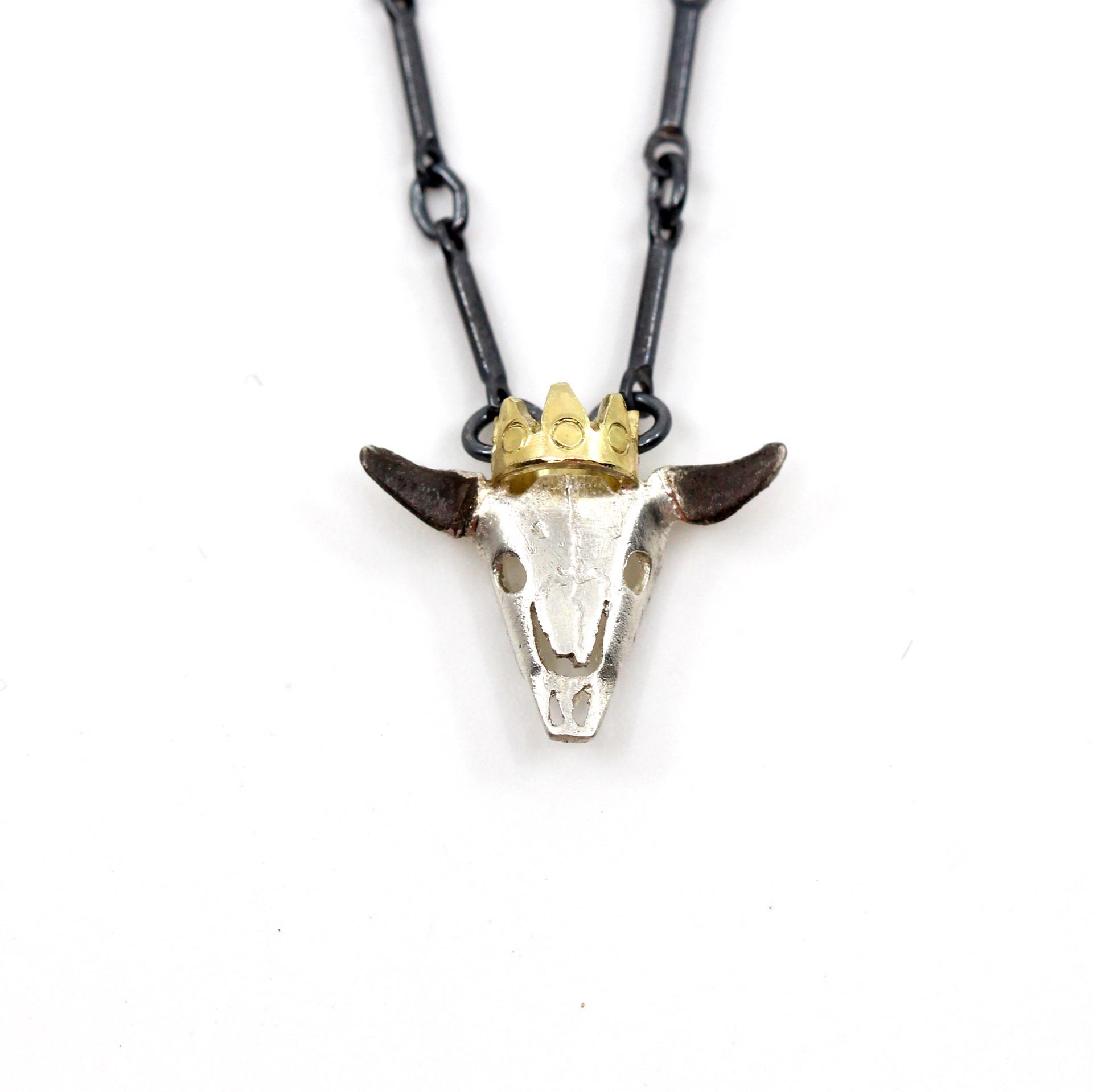 Tiny Buffalo Skull Necklace with Crown by Susan Elnora