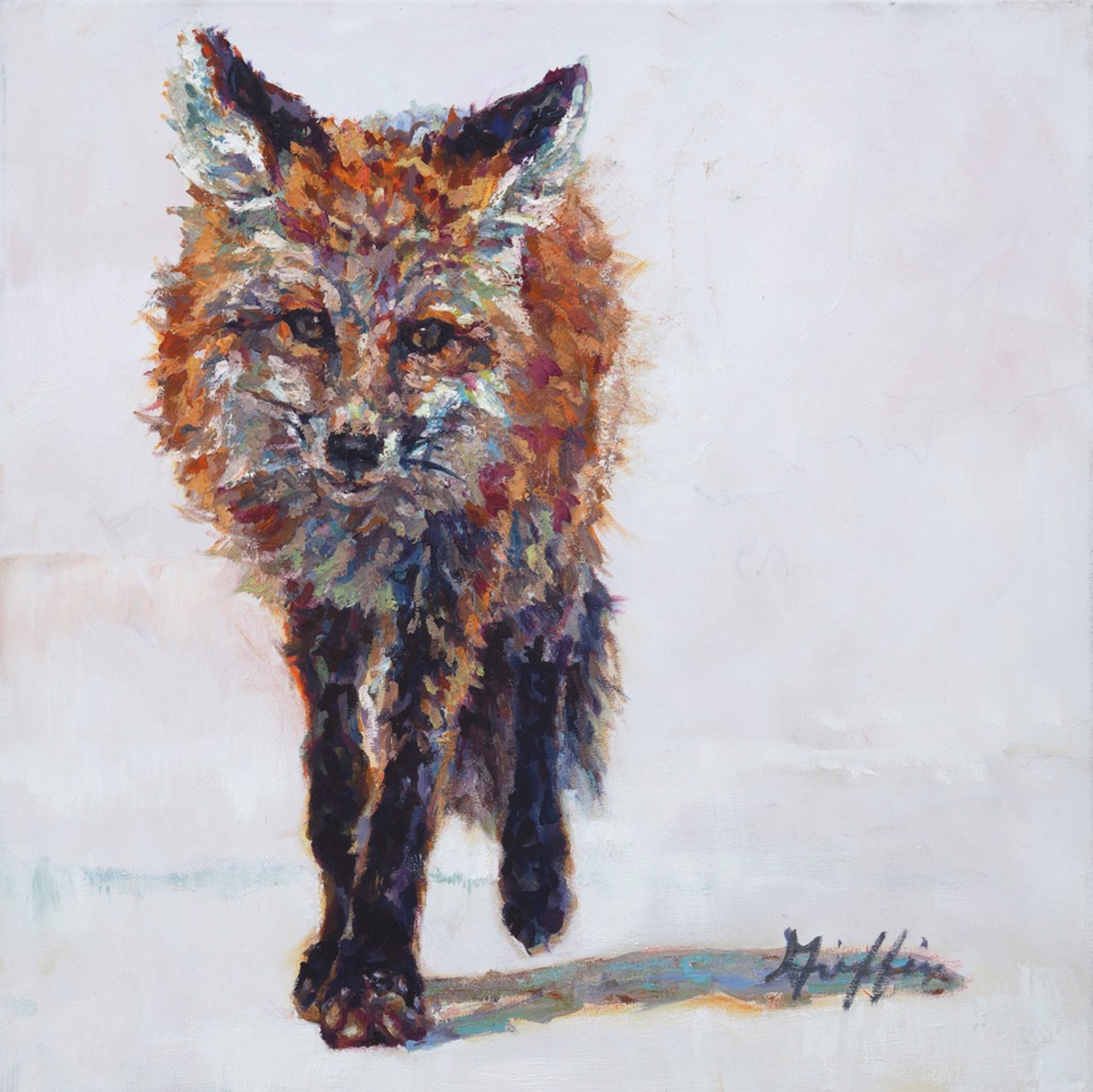 Original Oil Painting Featuring An Impressionist Trotting Fox And White Background