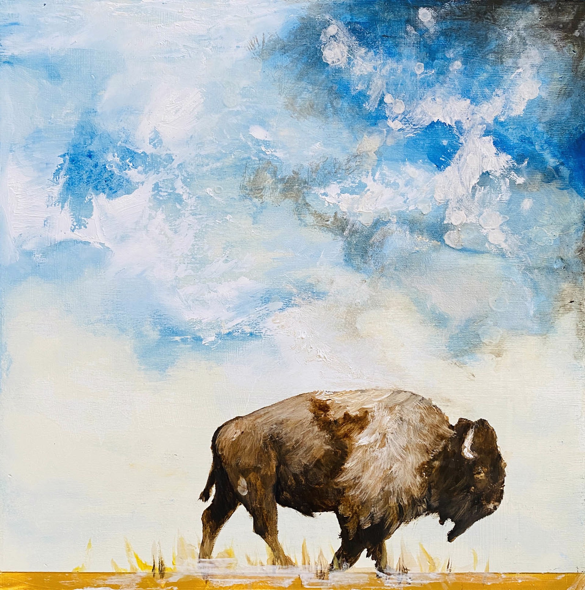 Original Oil Painting Featuring A Bison Walking With Abstract Blue Sky