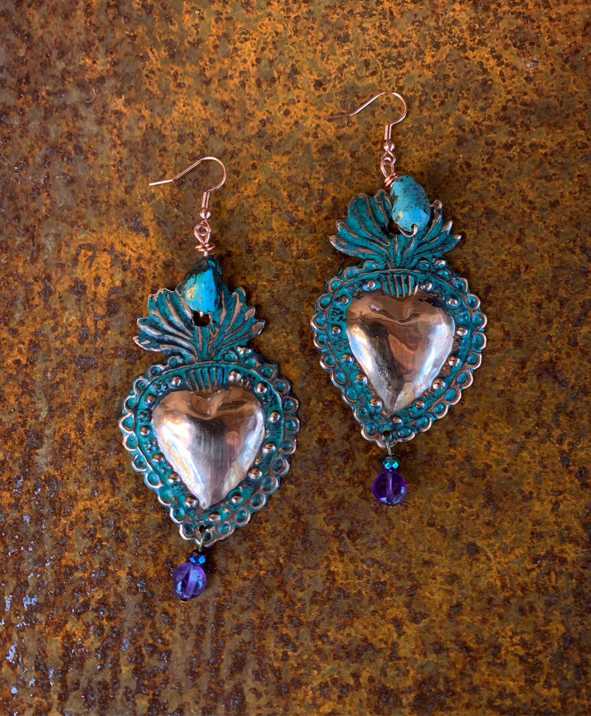 K530 Copper Sacred Heart Earrings with Turquoise and Amethyst by Kelly Ormsby