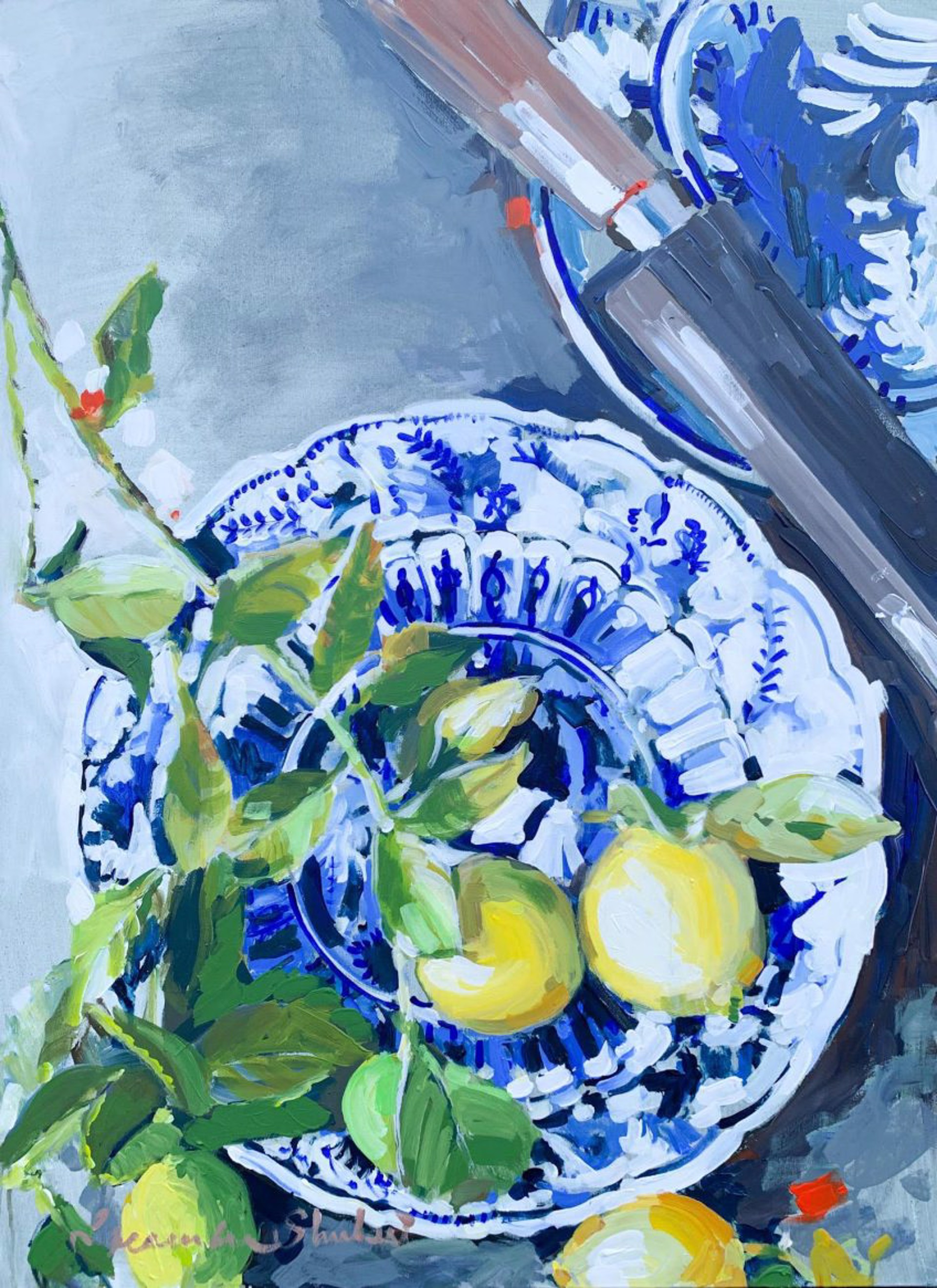 Lemons on Blue and White Plates by Laura Lacambra Shubert