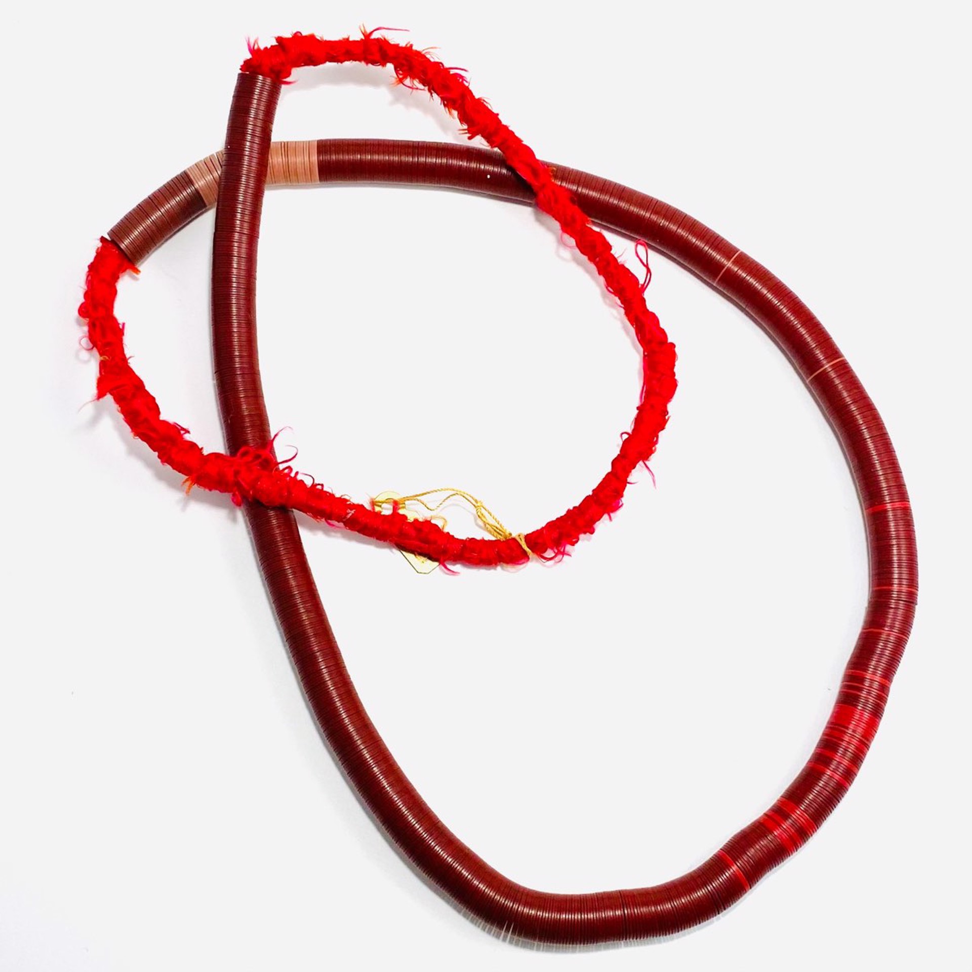 Red Silk Wrap Stacked Rubber Disc 32”Necklace by Soteria