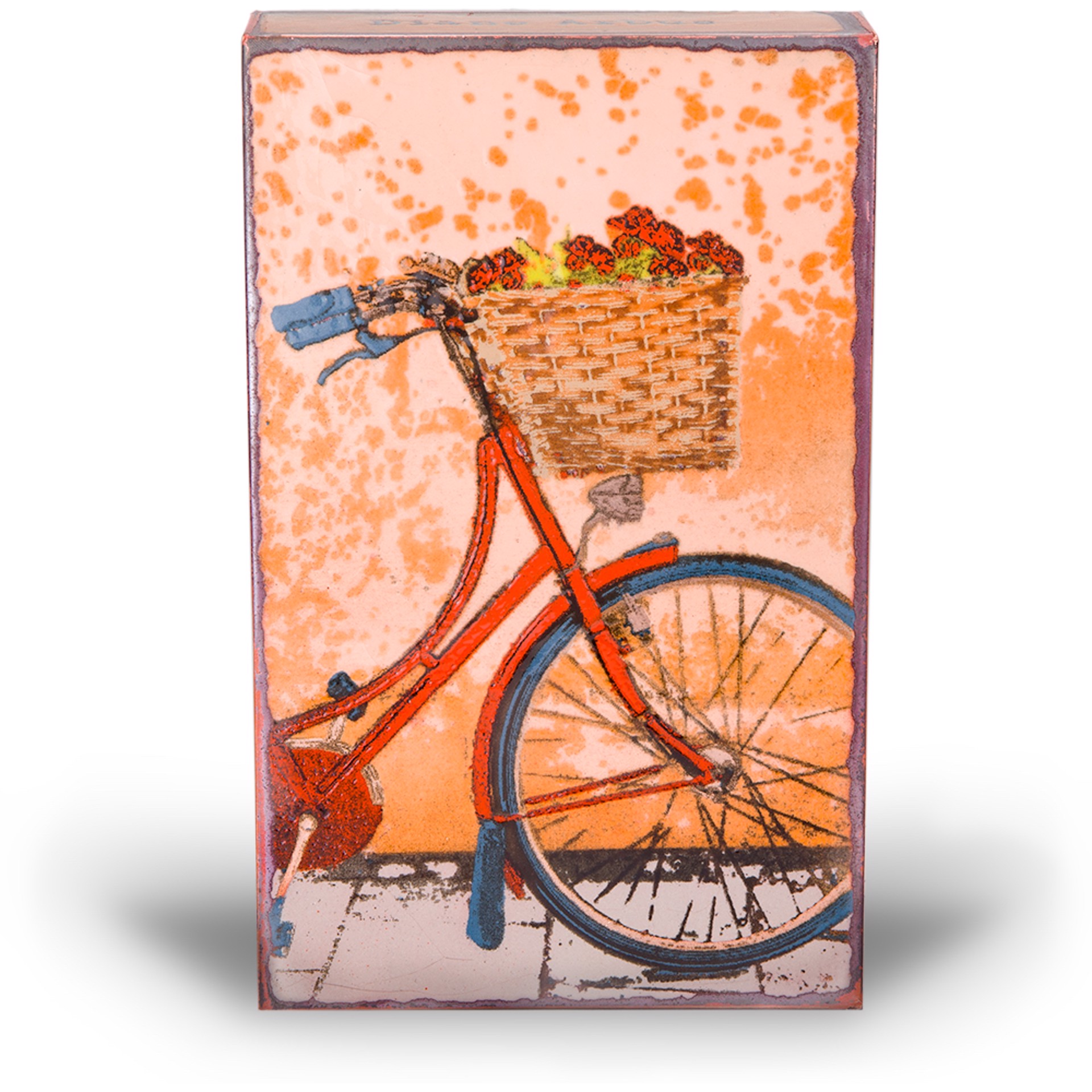 A Houston Llew Glass Fired To Copper Spiritile #229 Featuring A Bicycle and Basket And A Quote By Diane Arbus, Available At Gallery Wild