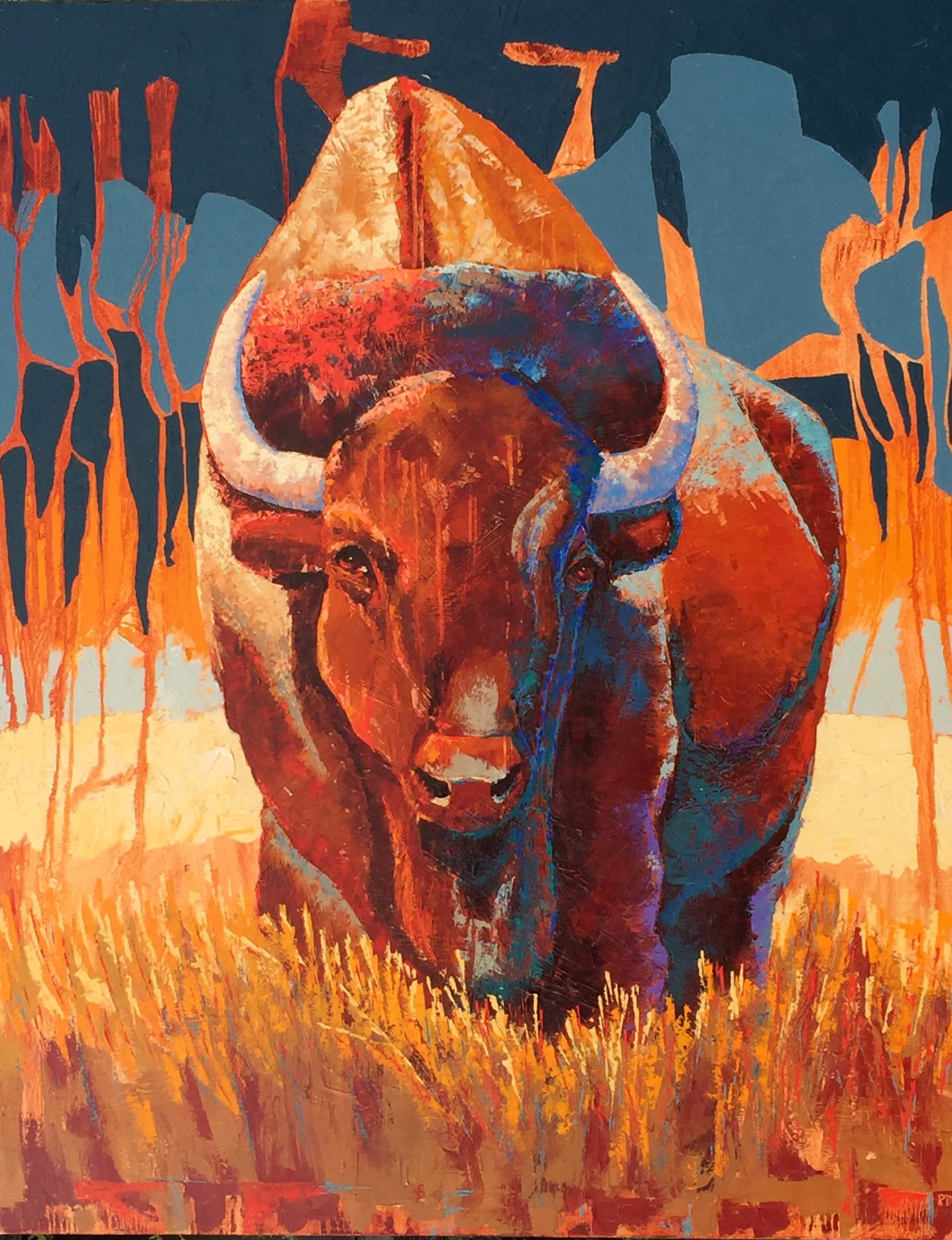 A Contemporary Western Painting Of A Bison On An Abstract Background At Gallery Wild