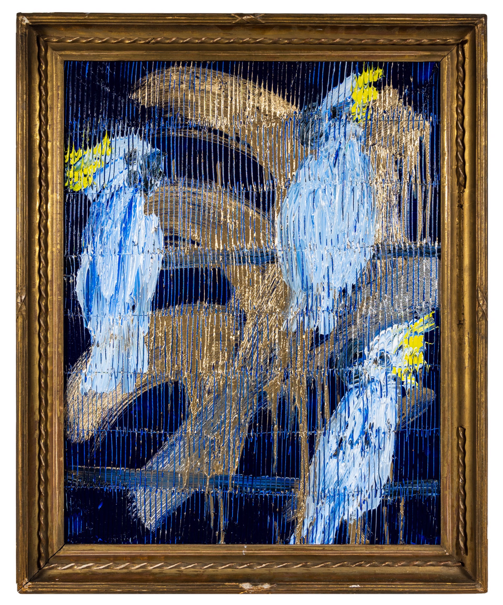 Hunt Slonem Art For Sale - Hunt Slonem 3 Cockatoo Monsoon in Blue, 2022 Oil on Wood29 x 22.50 in