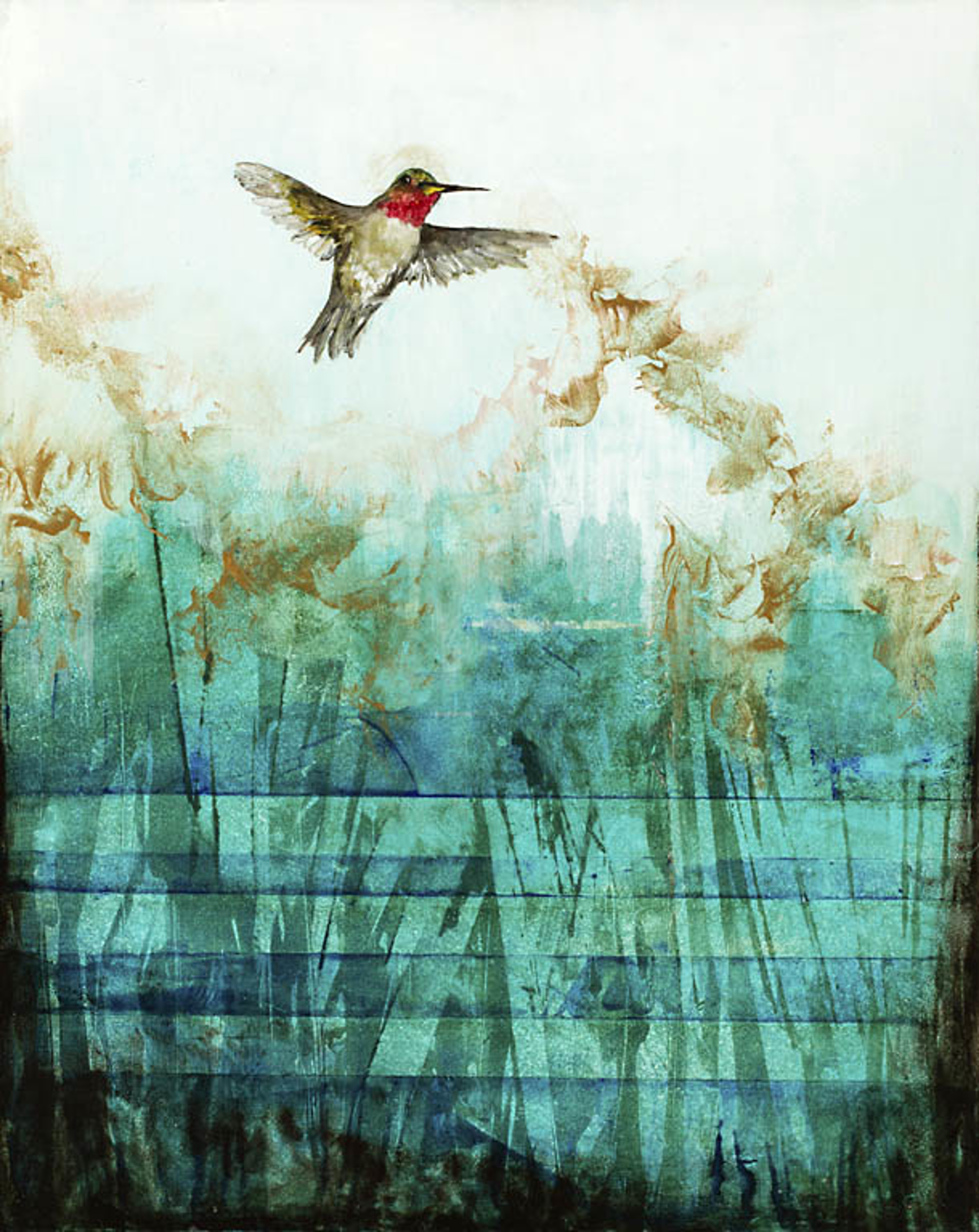 Contemporary Oil Painting Of A Humming Bird In Flight Featuring An Abstract Background Of Blue Green Faded To White, By Jenna Von Benedikt