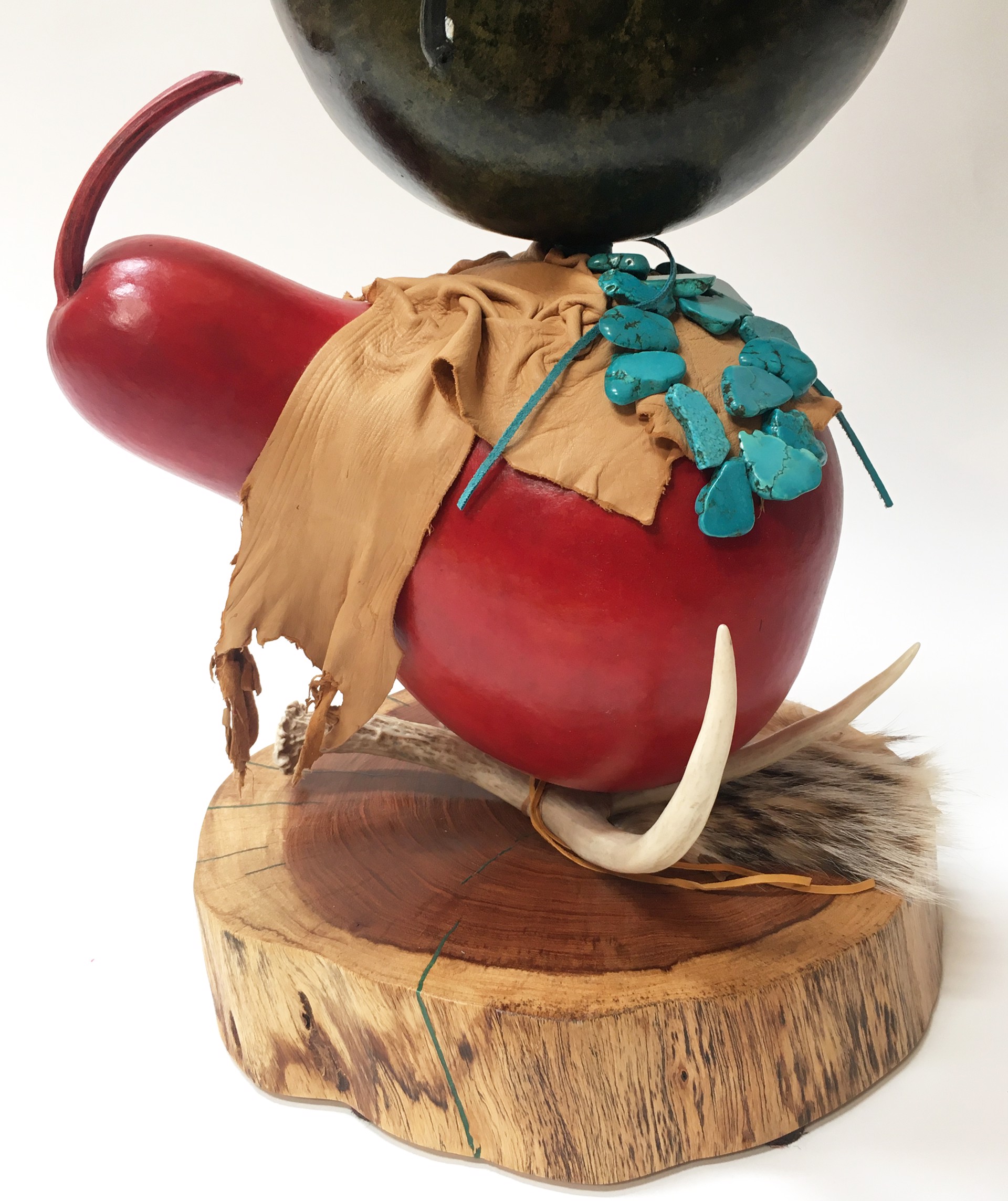 Gourd Totem ~ Stained and painted gourds horn, feathers, beads and leather. by Gary & Glenis Leitch