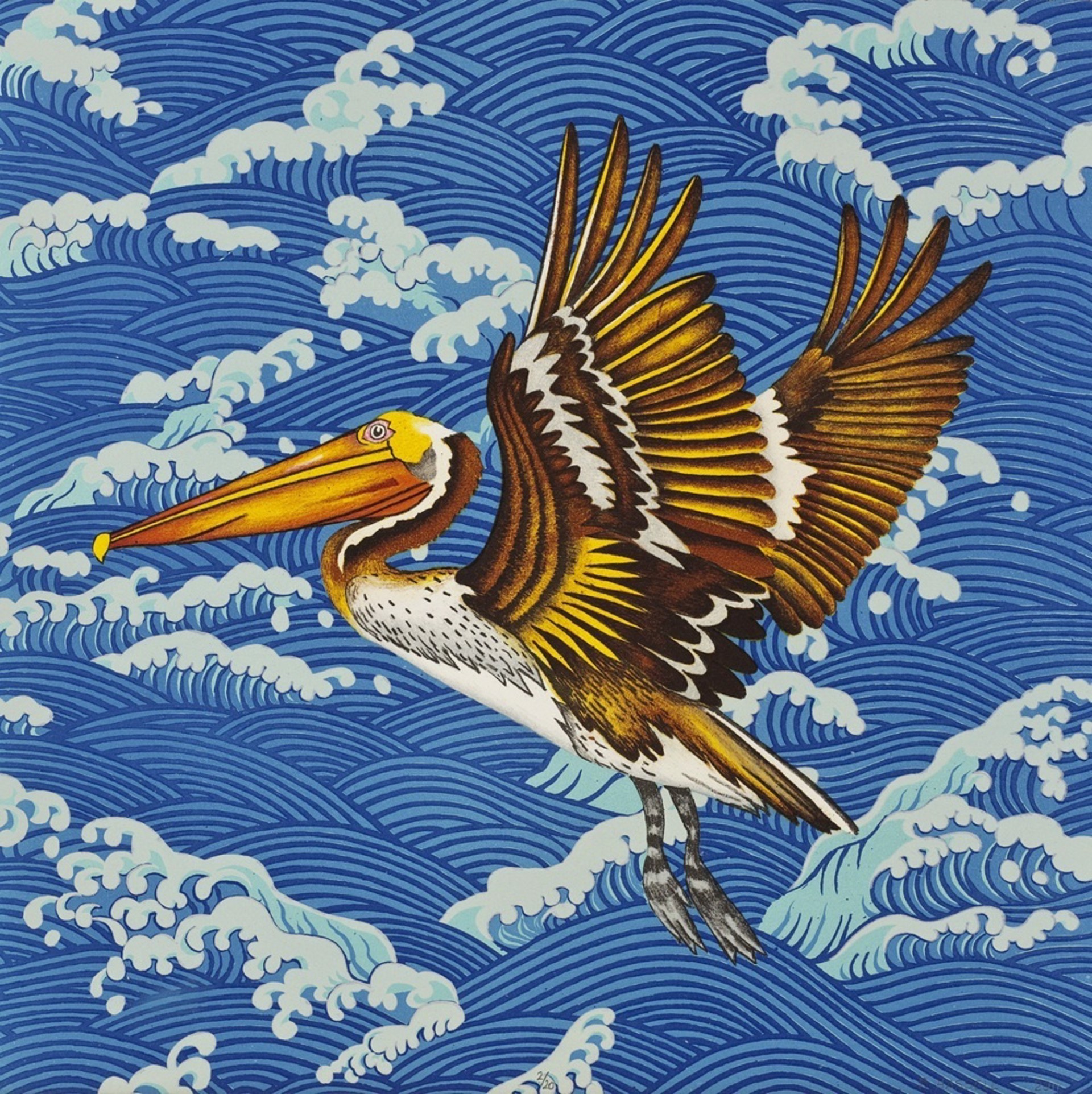 Brown Pelican, Turbulent Sea (blue) by Billy Hassell