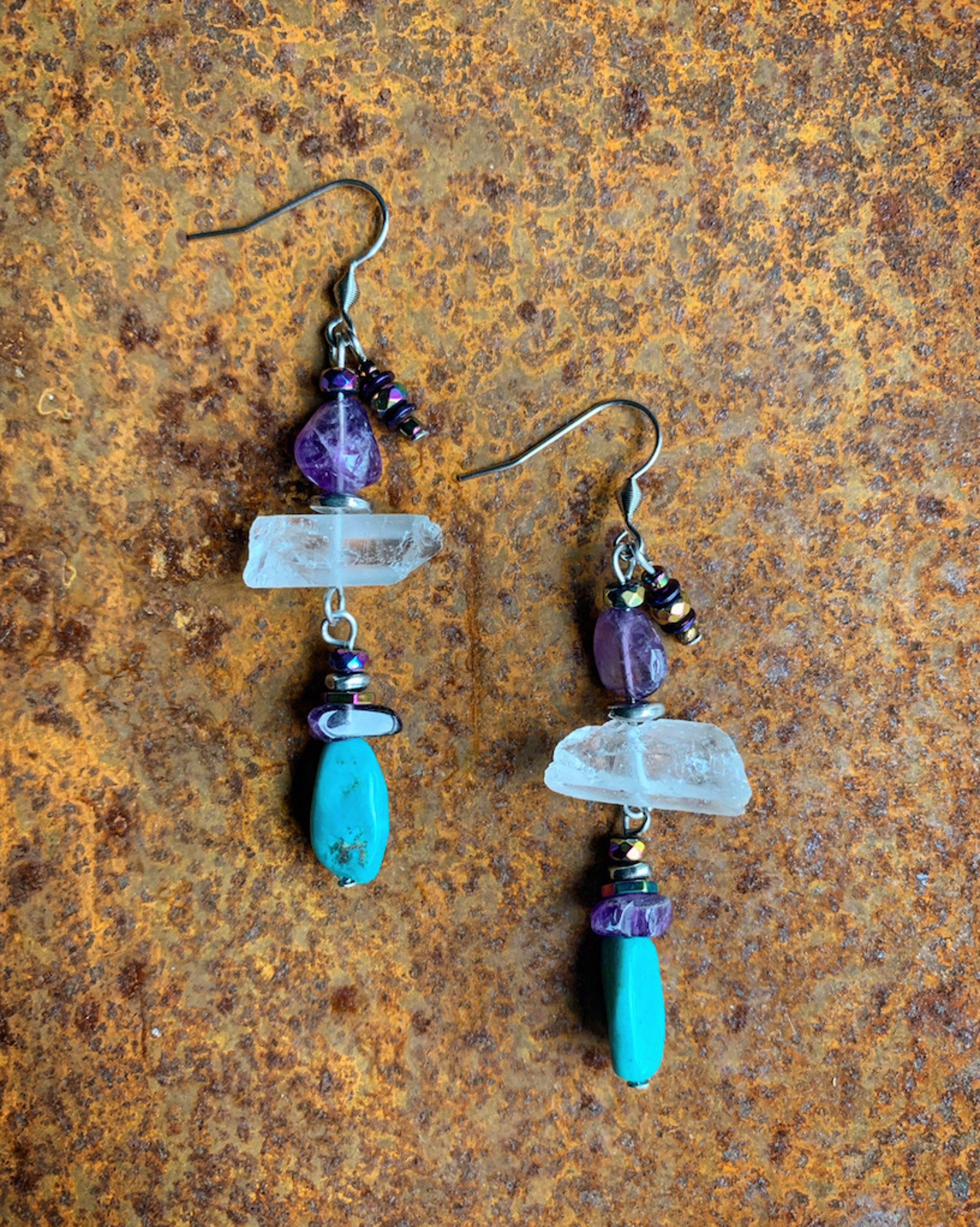 K706 Quartz, Amethyst and Turquoise Earrings by Kelly Ormsby
