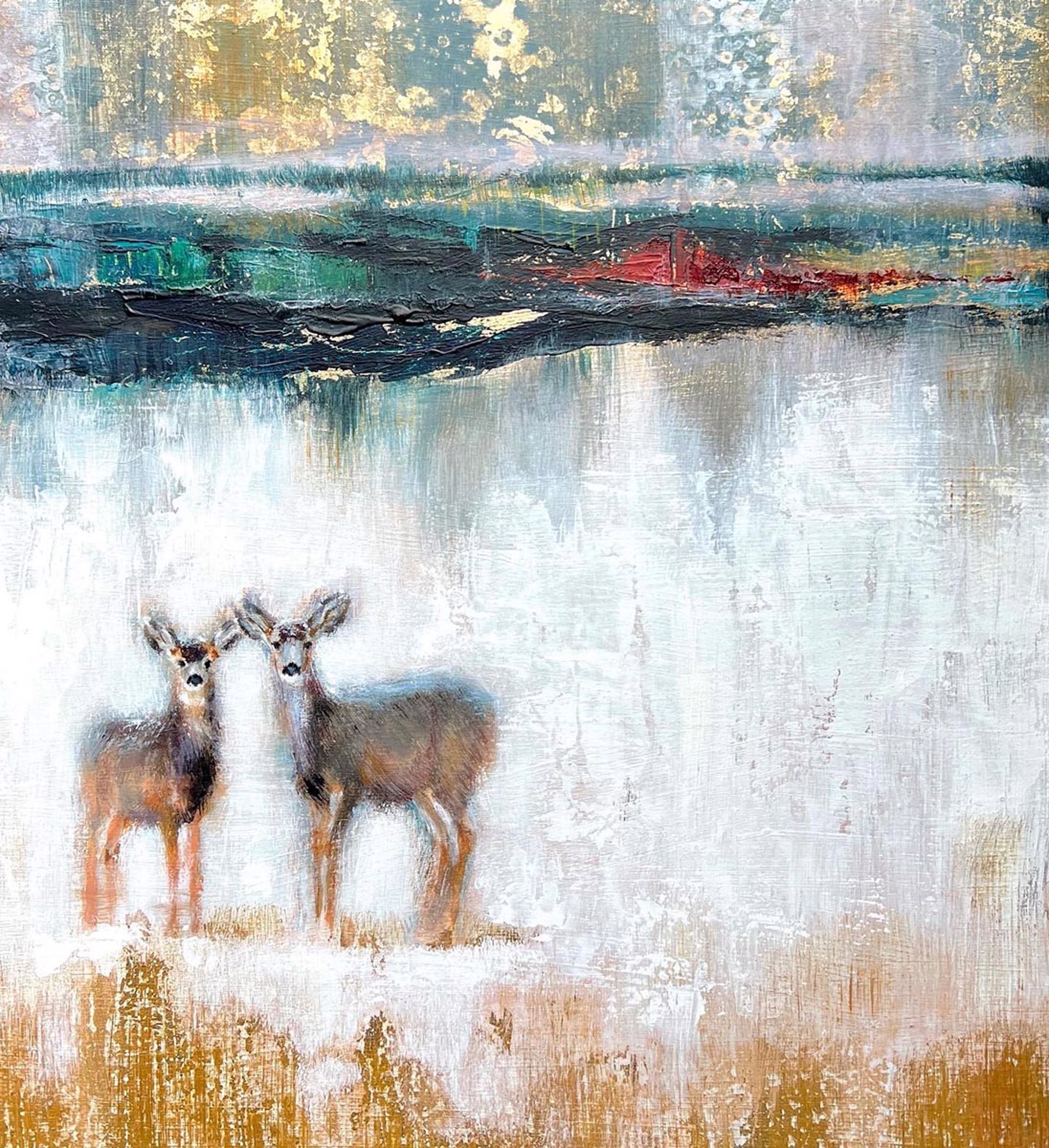 Original Mixed Media Painting Featuring Two Deer On Winter Landscape With Gold Leaf Details