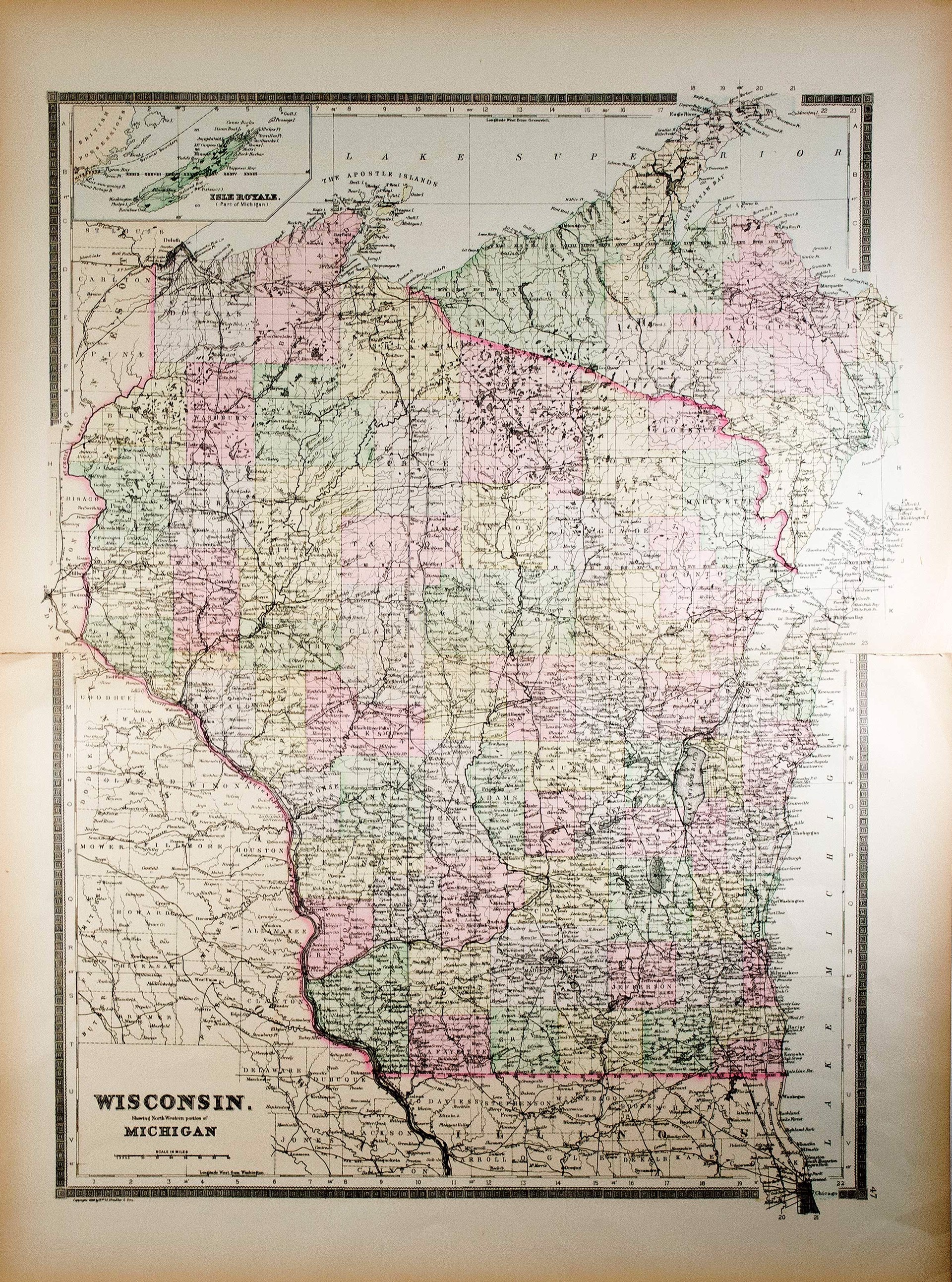 Wisconsin Map Showing Northwestern Portion of Michigan by William M. Bradley & Bros.