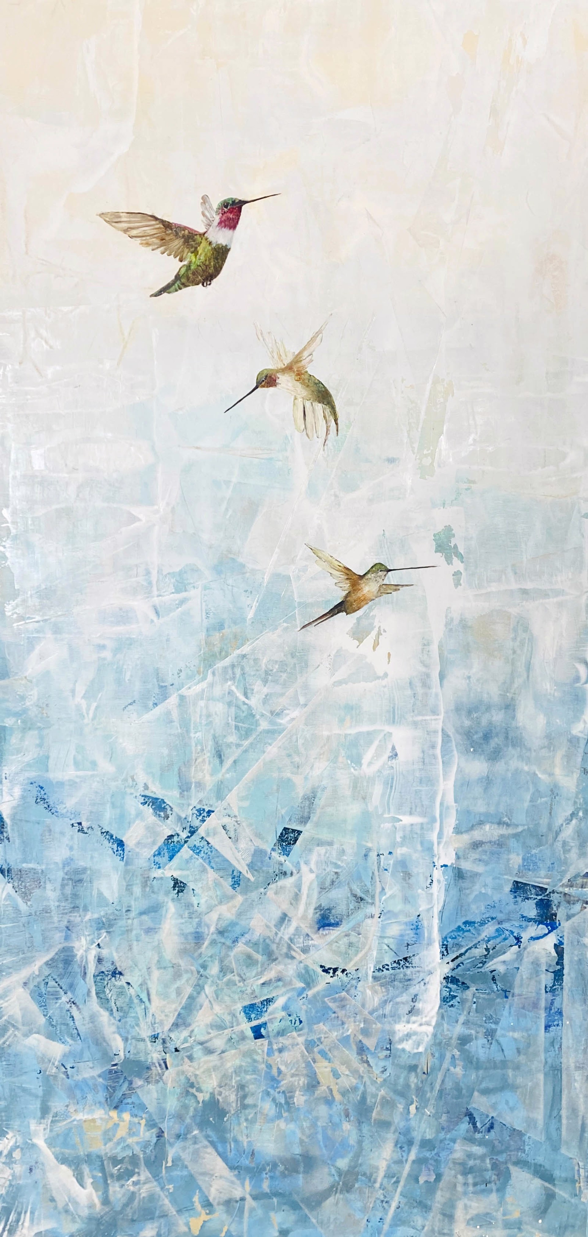 Original Oil Painting By Jenna Von Benedikt Featuring Three Hummingbirds In Flight Over Abstract Background In Blue Gradient