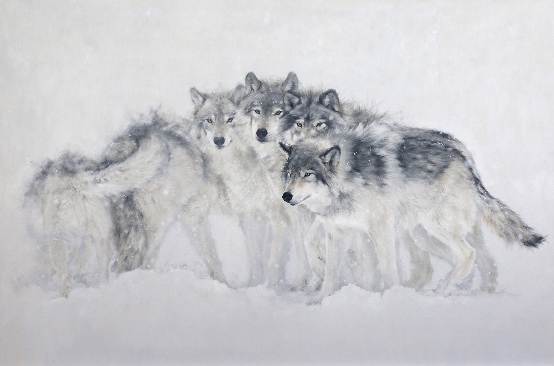 A Contemporary Black And White Painting Of A Pack Of Wolves In The Snow By Doyle Hostetler At Gallery Wild