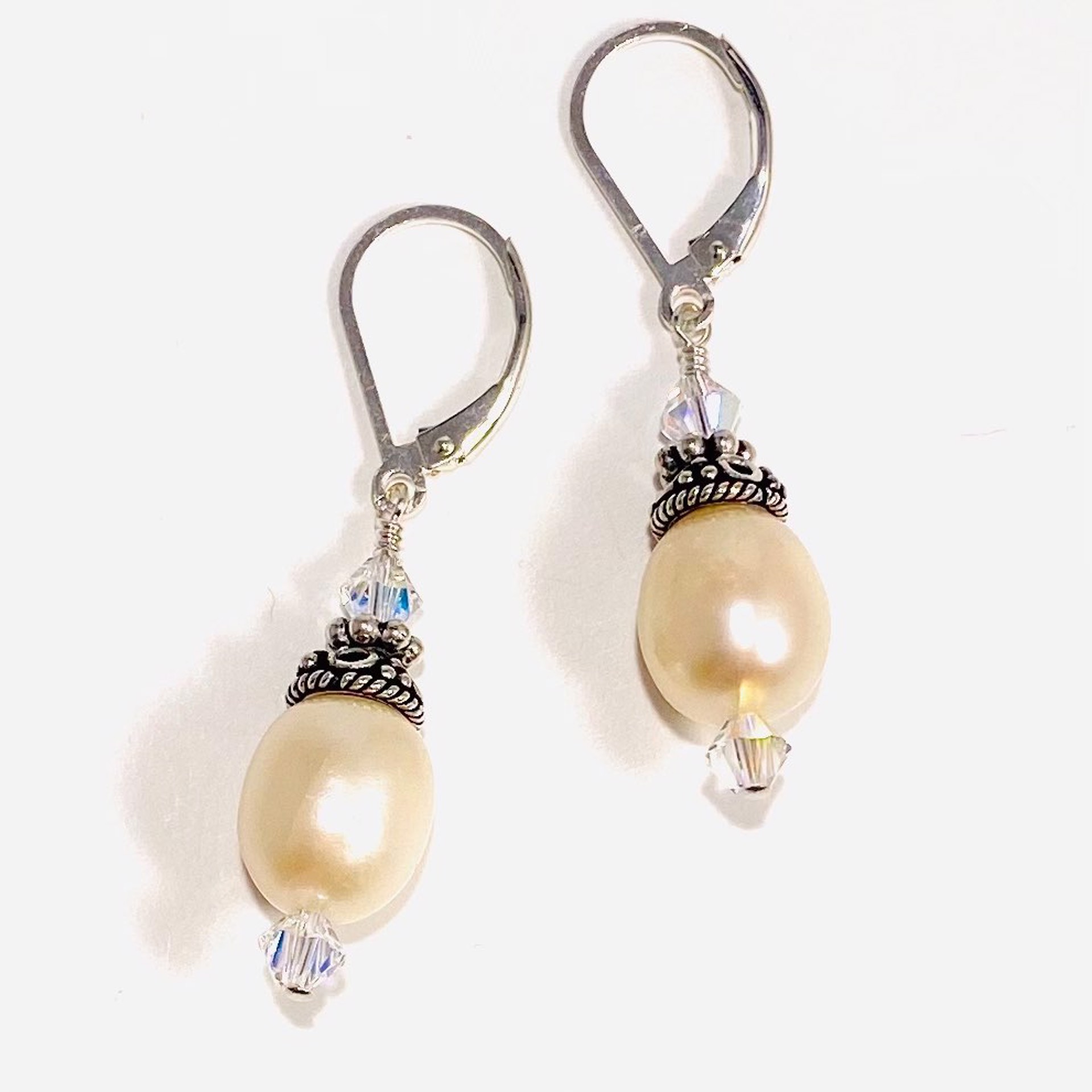 SHOSH22-43 White Pearl and Crystal Earrings by Shoshannah Weinisch