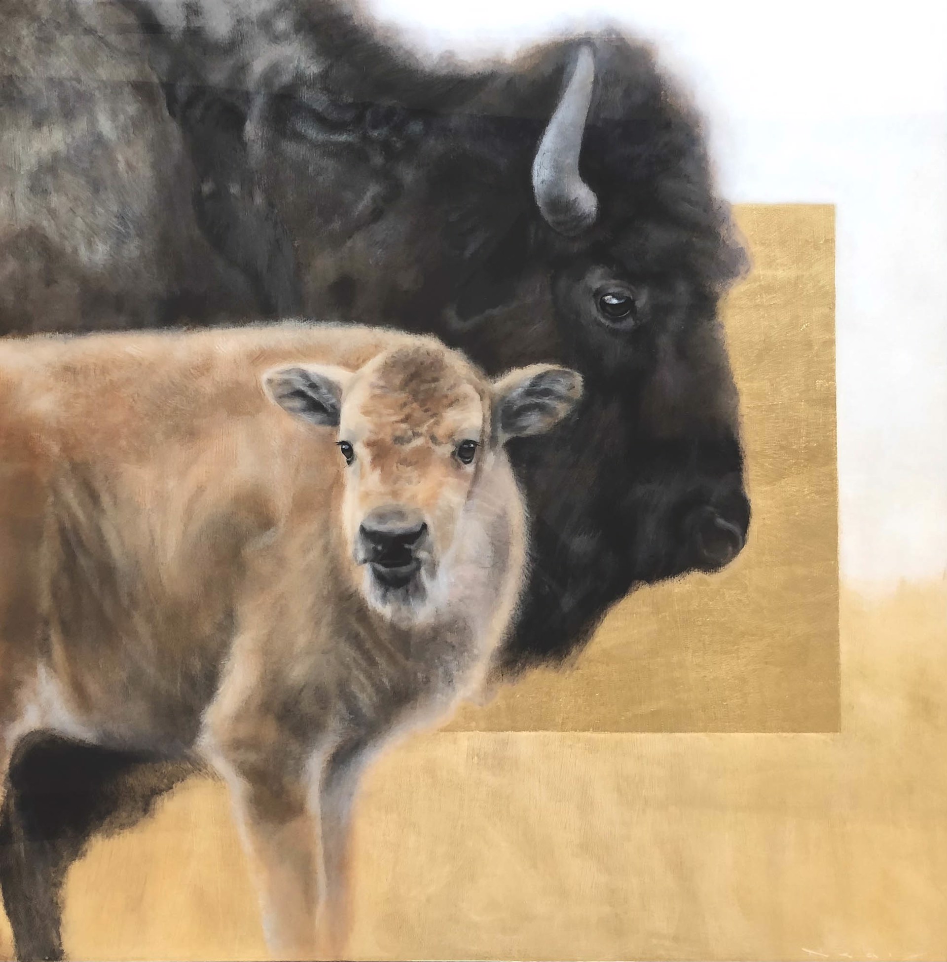 A Contemporary Gold Leaf And Acrylic Painting Of A Bison And Calf By Nealy Riley