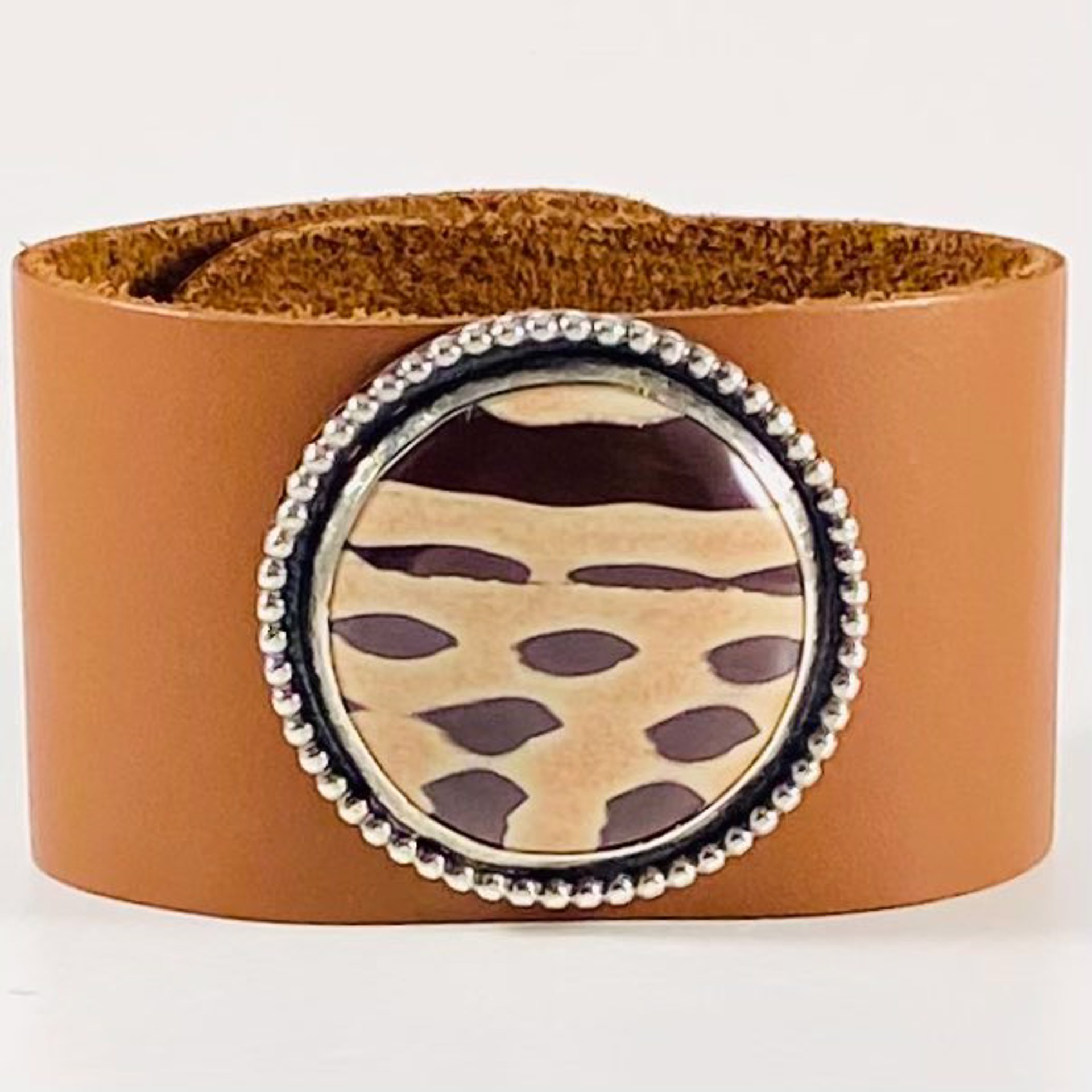 Round Zebra Print Jasper with Beaded  Bezel on Light Brown Leather Bracelet AB22-65 by Anne Bivens