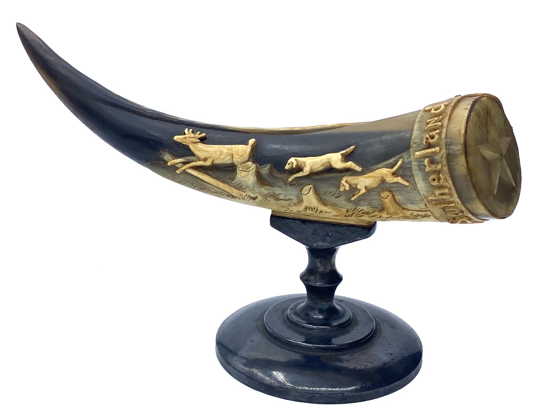 DS-79: small carved powder horn on silver plate stand - WD Sutherland, hunting scene, locomotive, masonic buckle with emblem, star enclosure by Dan Super