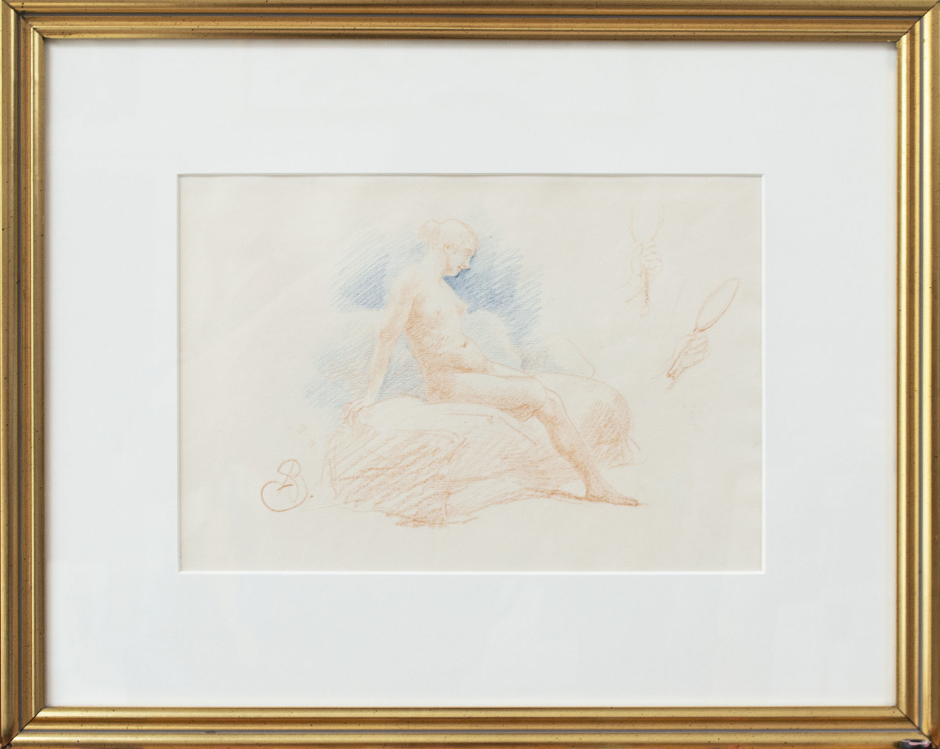 Nude Study w/ two hands holding mirror, signed A.B. by Unknown