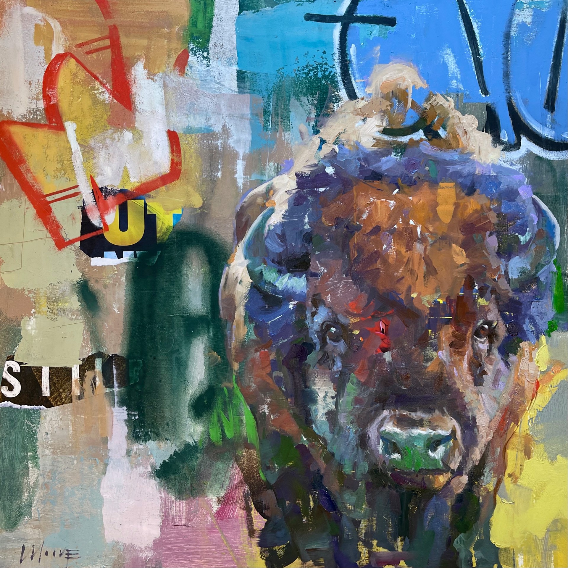 Contemporary-Original-Oil-Painting-Featuring-Bison-And-Graffiti