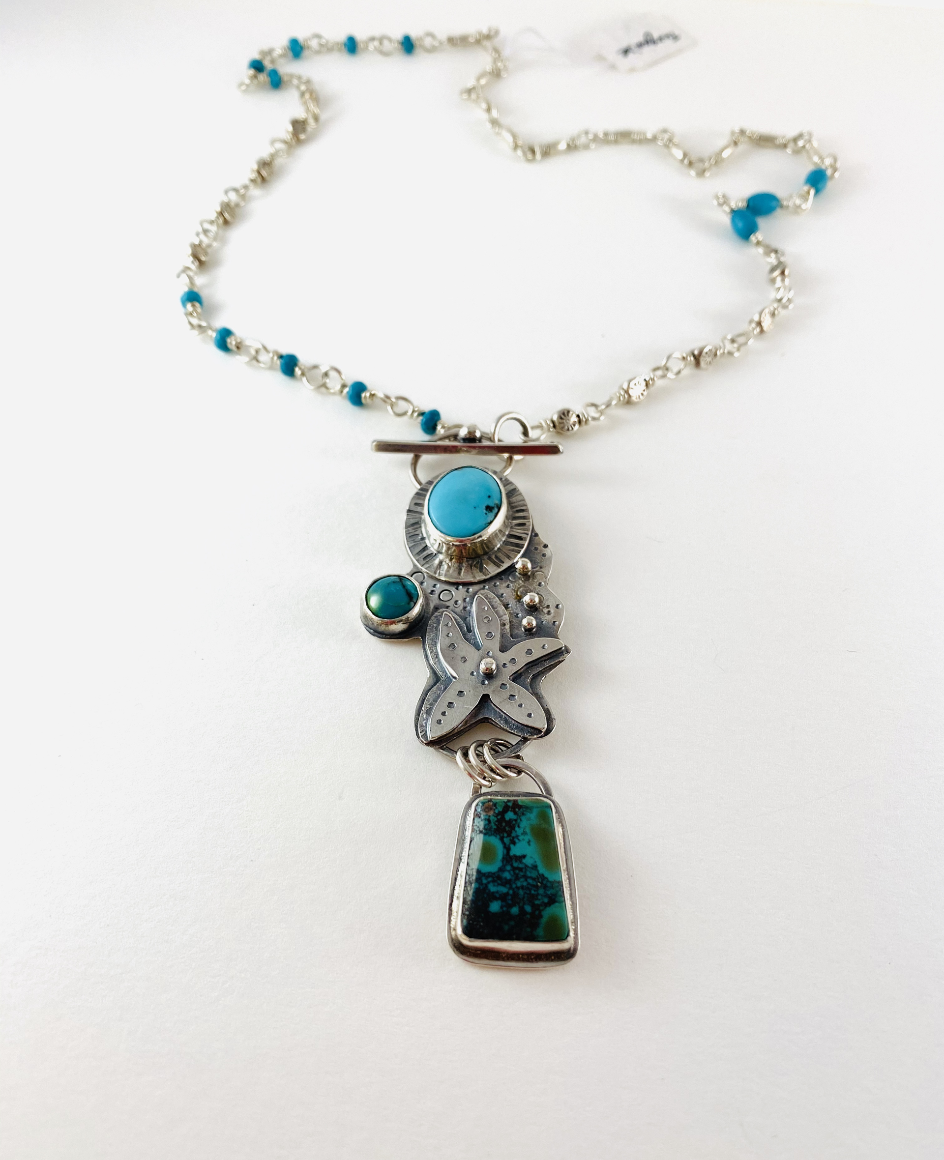 Starfish and Turquoise Pendant, Silver and Turquoise Bead Chain Necklace AB20-40 by Anne Bivens