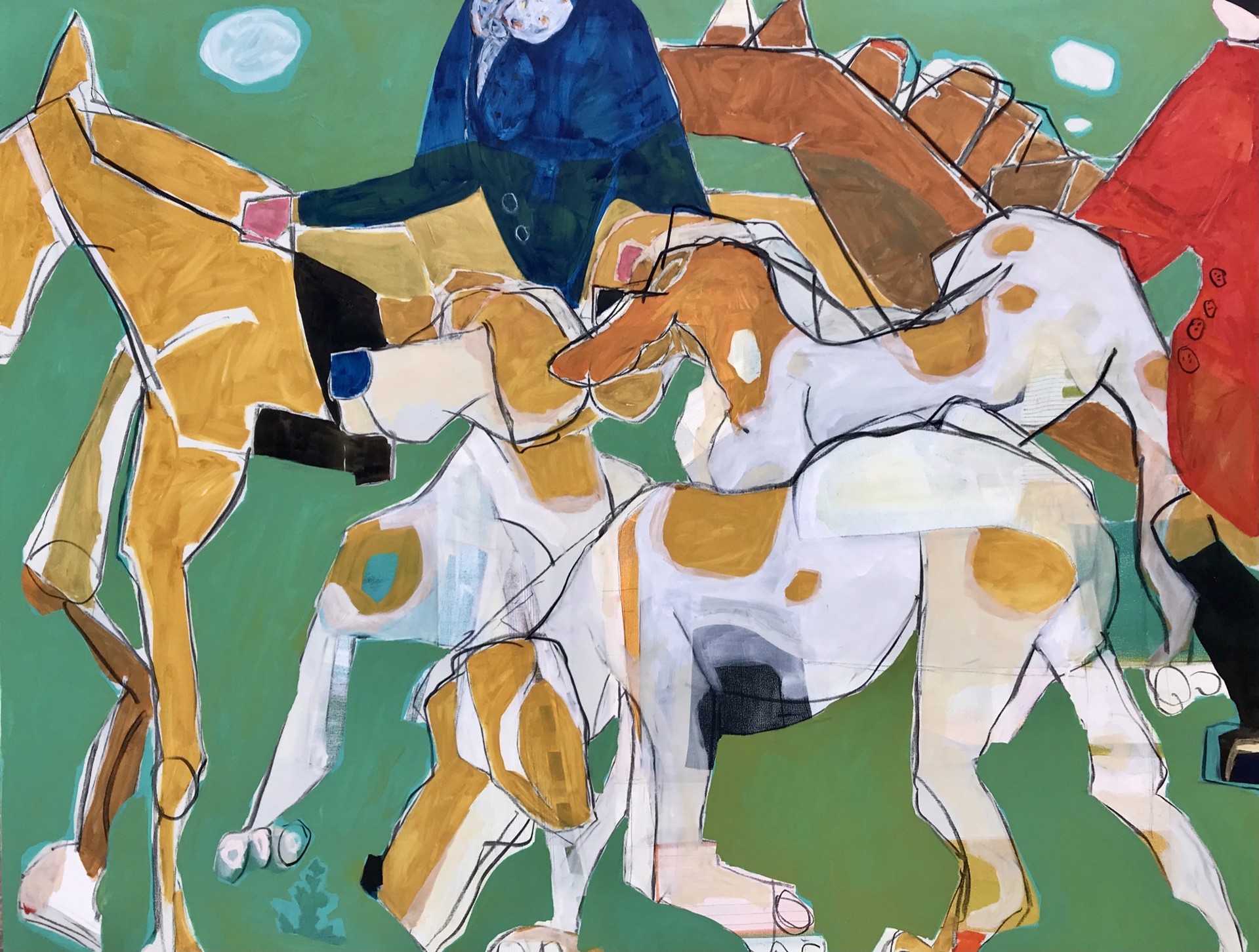 Three Foxhounds, Tan Breeches and Fancy Stock Tie by Rachael Van Dyke