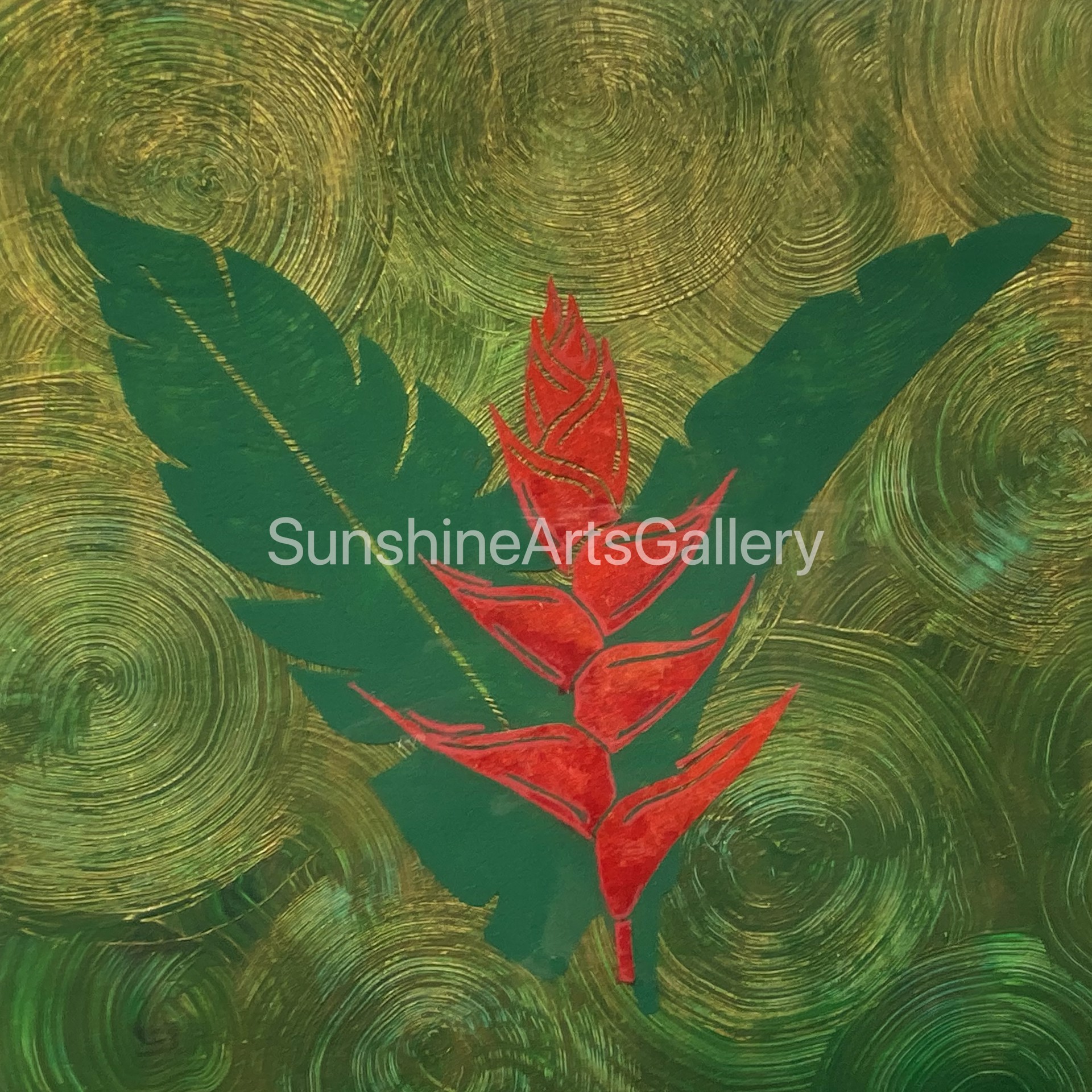 Red Heliconia on Green Gold by Pati O'Neal