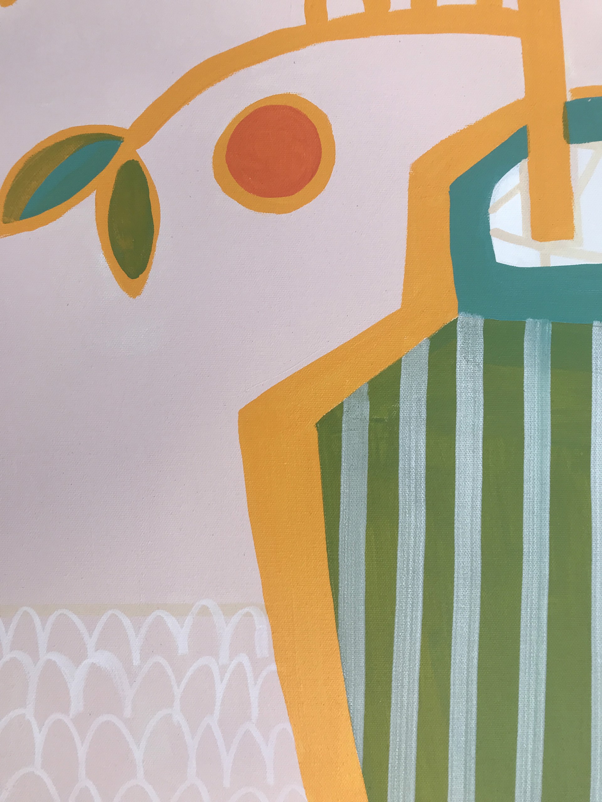 Green and White Striped Vase with Bird Resting by Rachael Van Dyke