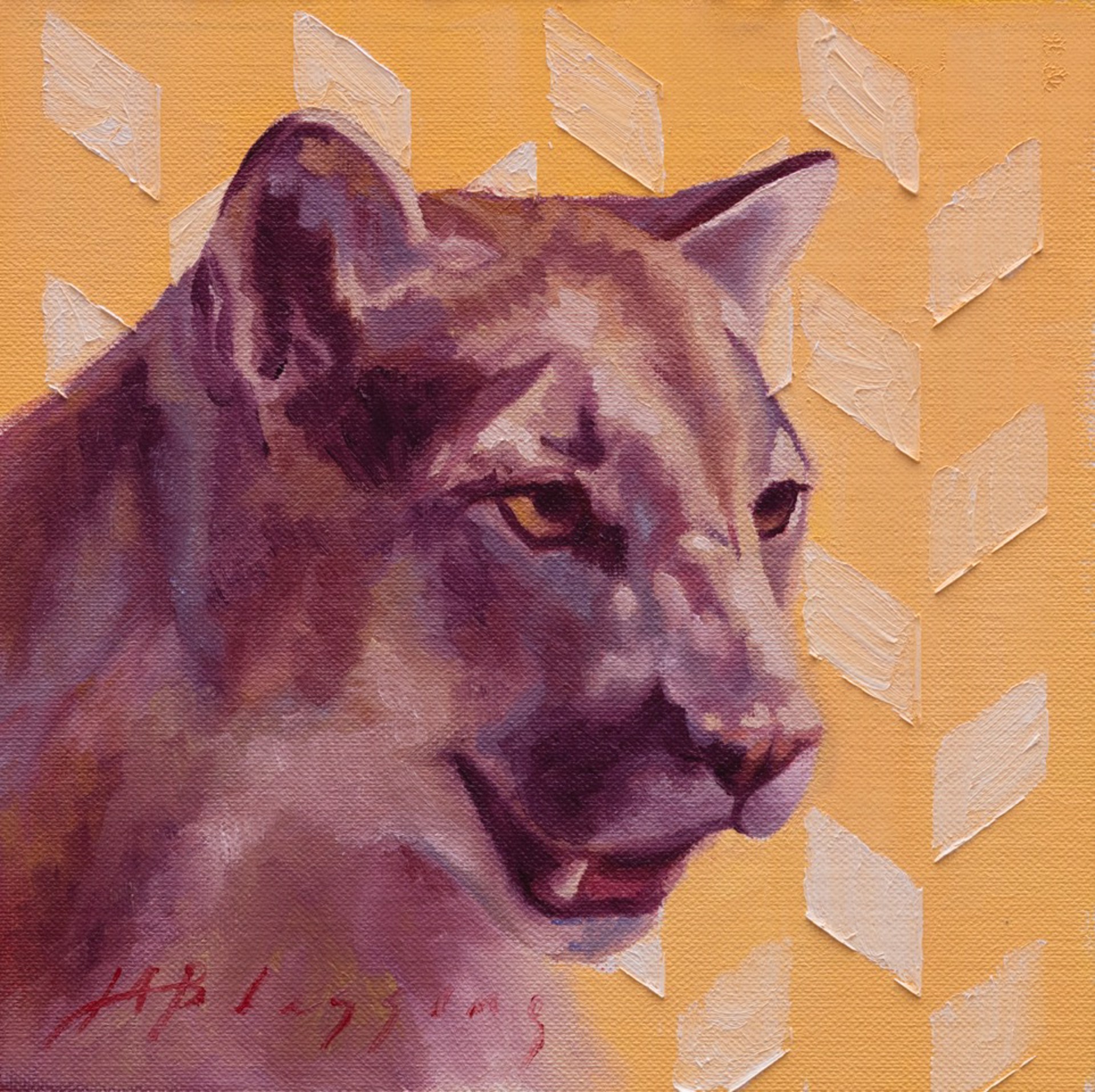 Oil Painting Of A Cougar Face With A Contemporary Modern Yellow And White Patterned Background, Fine Art By Meagan Blessing, Available At Gallery Wild