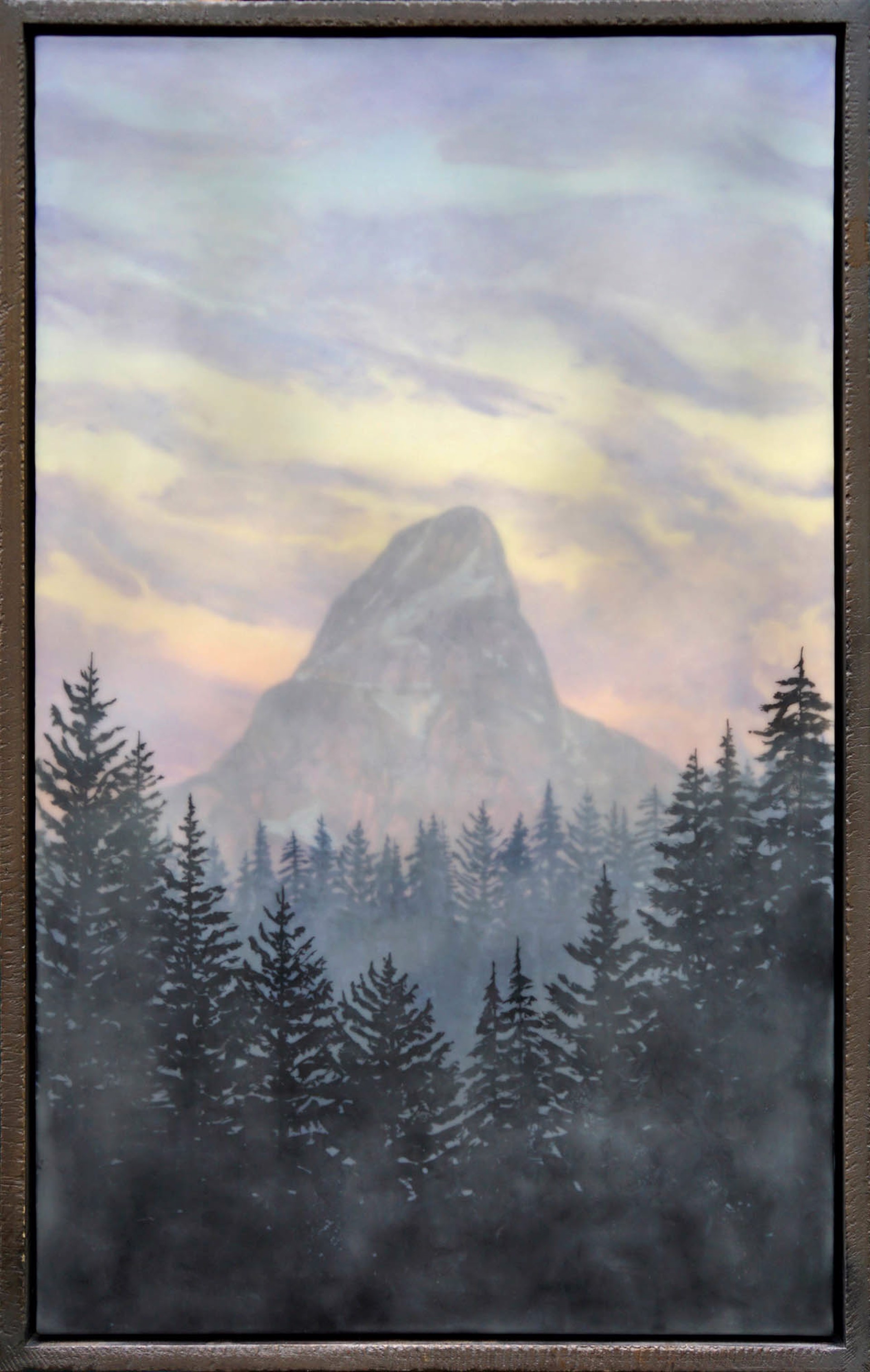 Original Landscape Painting Featuring A Mountain Peak Against Sunset Sky With Pine Tree Silhouettes In Foreground