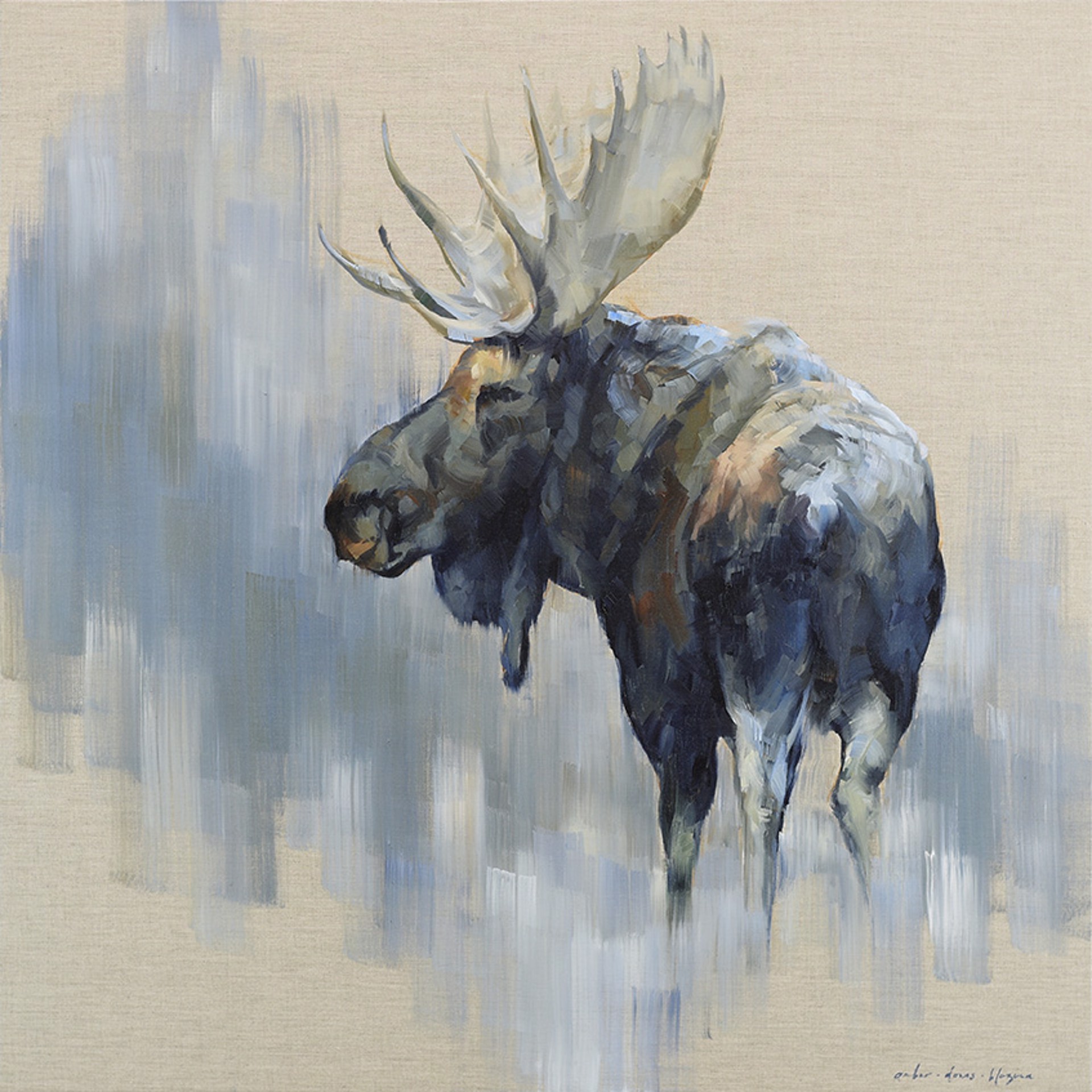 A Contemporary Oil Painting Featuring A Bull Moose Looking Back At The Viewer With An Abstract Tan And Grey Background, By Amber Blazina, Available At Gallery Wild