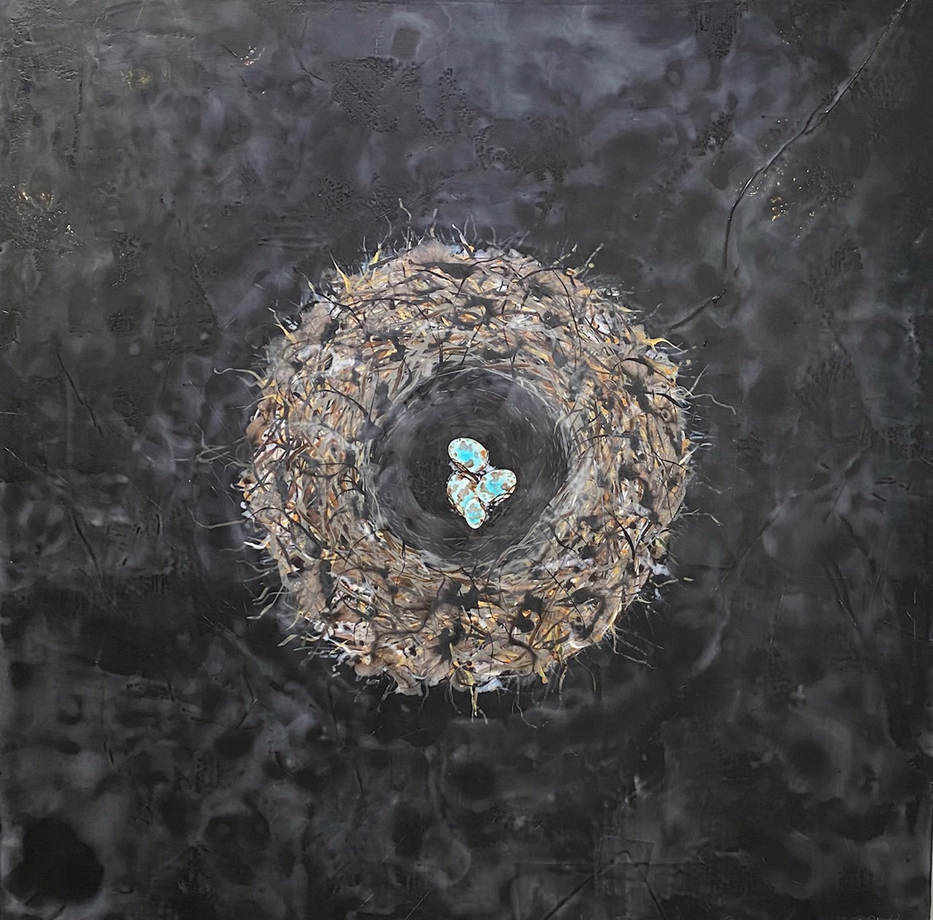 A dark painting of a nest with 4 eggs in the middle of it. 