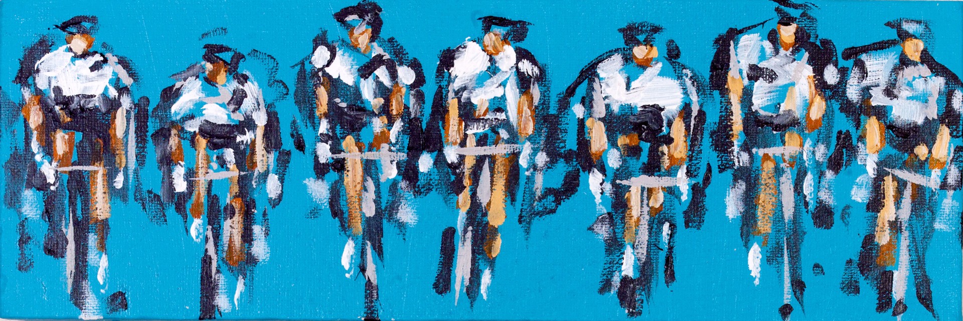 Line of Cyclists on Turquoise by Heather Blanton