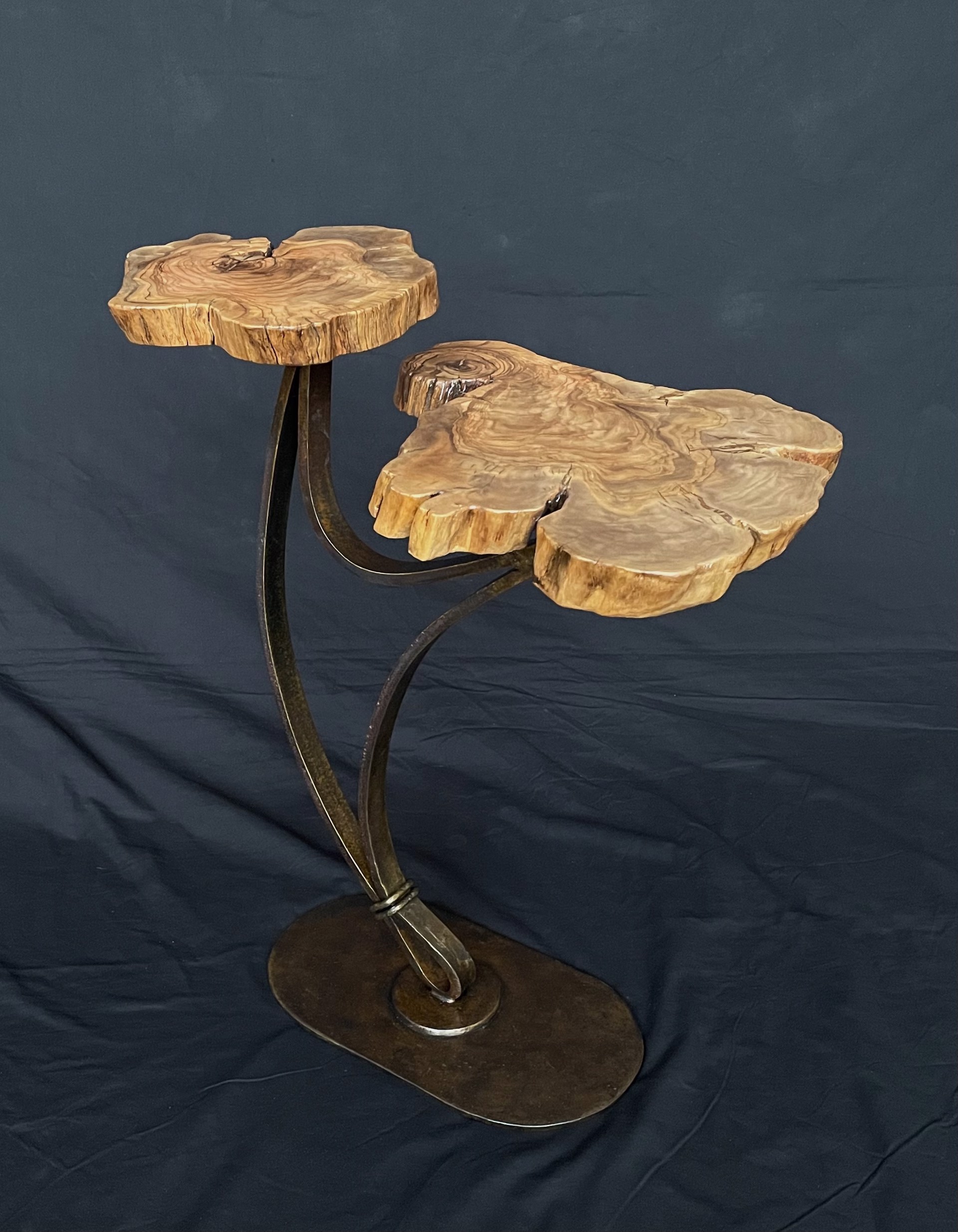 Two-tiered Olive Root Burl Side Table on Looped Steel Base 040523 by Ron Gill