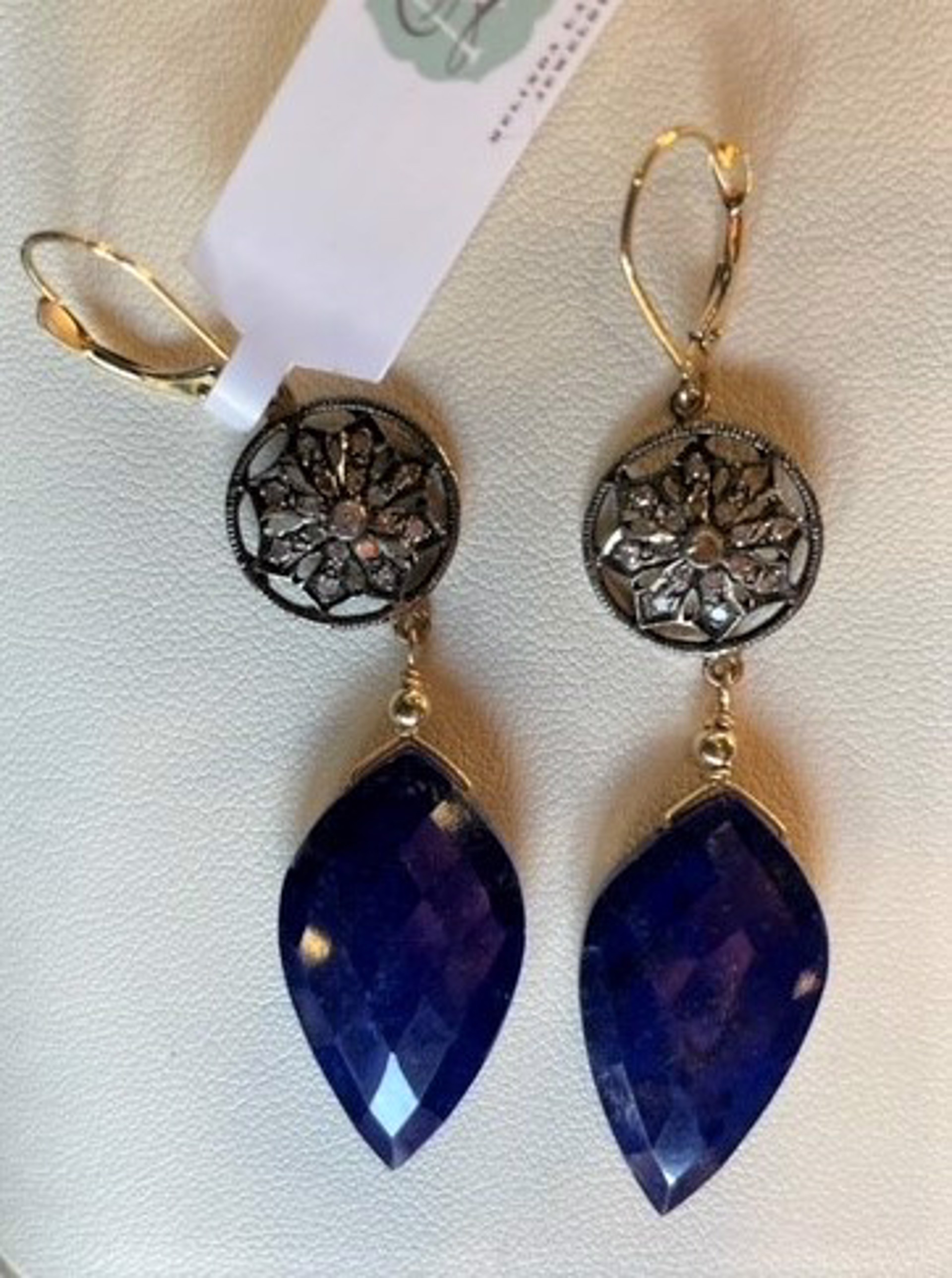 AAA Lapis Lazuli briolettes on discs of pave diamonds in oxidized sterling in 14k gold by Melinda Lawton Jewelry
