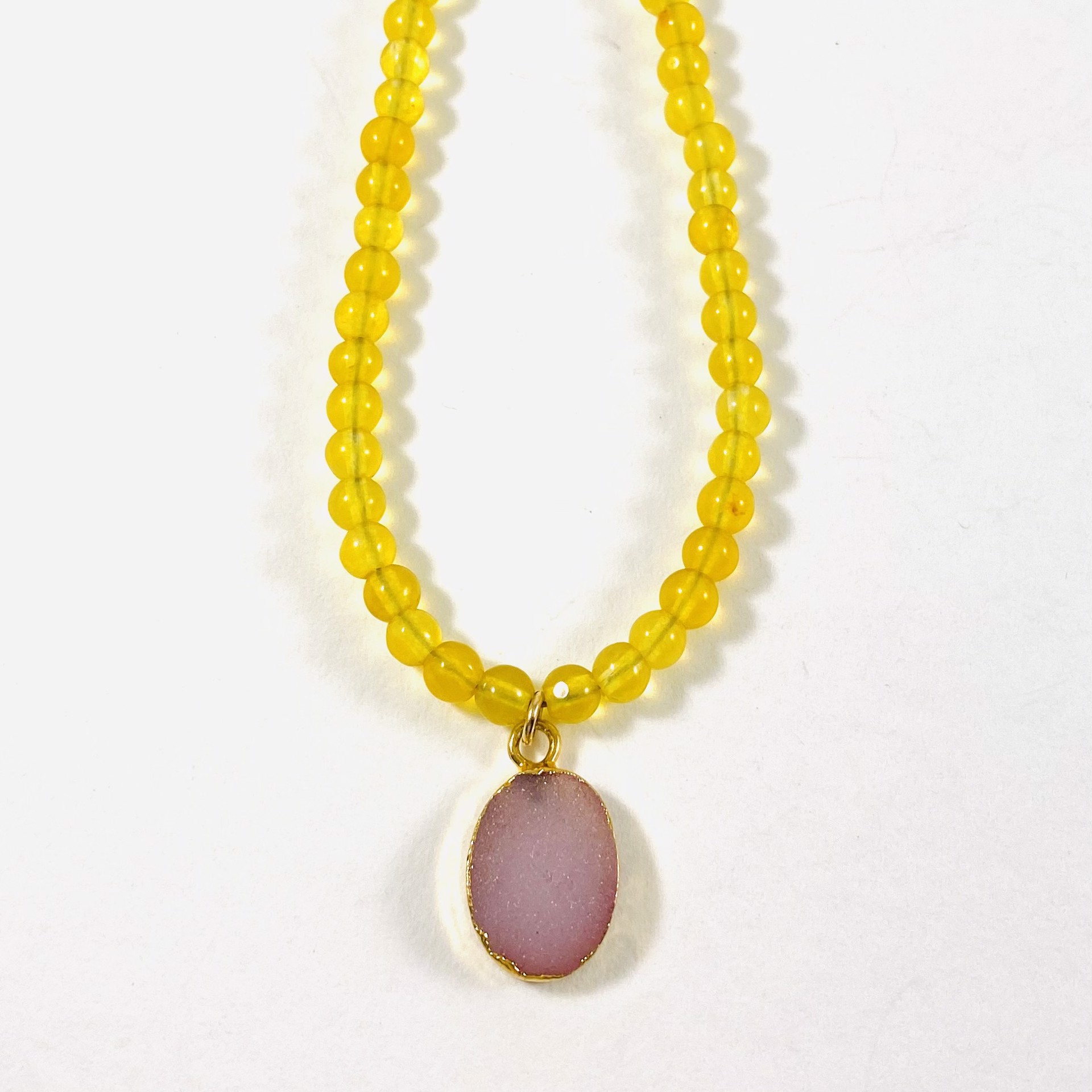 Yellow Jade Pale Pink Oval Druzy Pendant Necklace by Nance Trueworthy