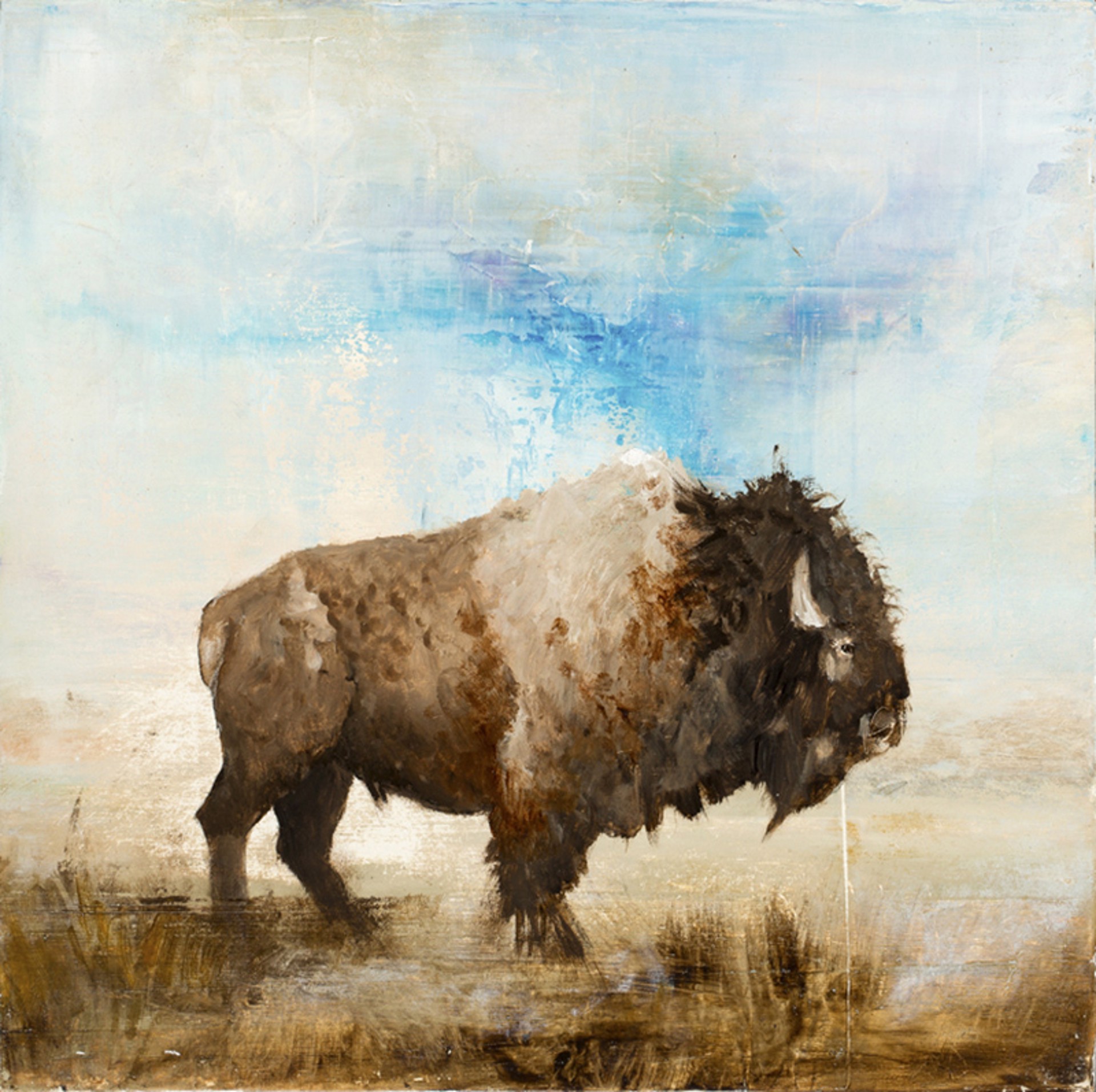 Contemporary Oil Painting Of A Bull Bison Profile Standing In A Field With Blue Sky And Clouds By Jenna Von Benedikt