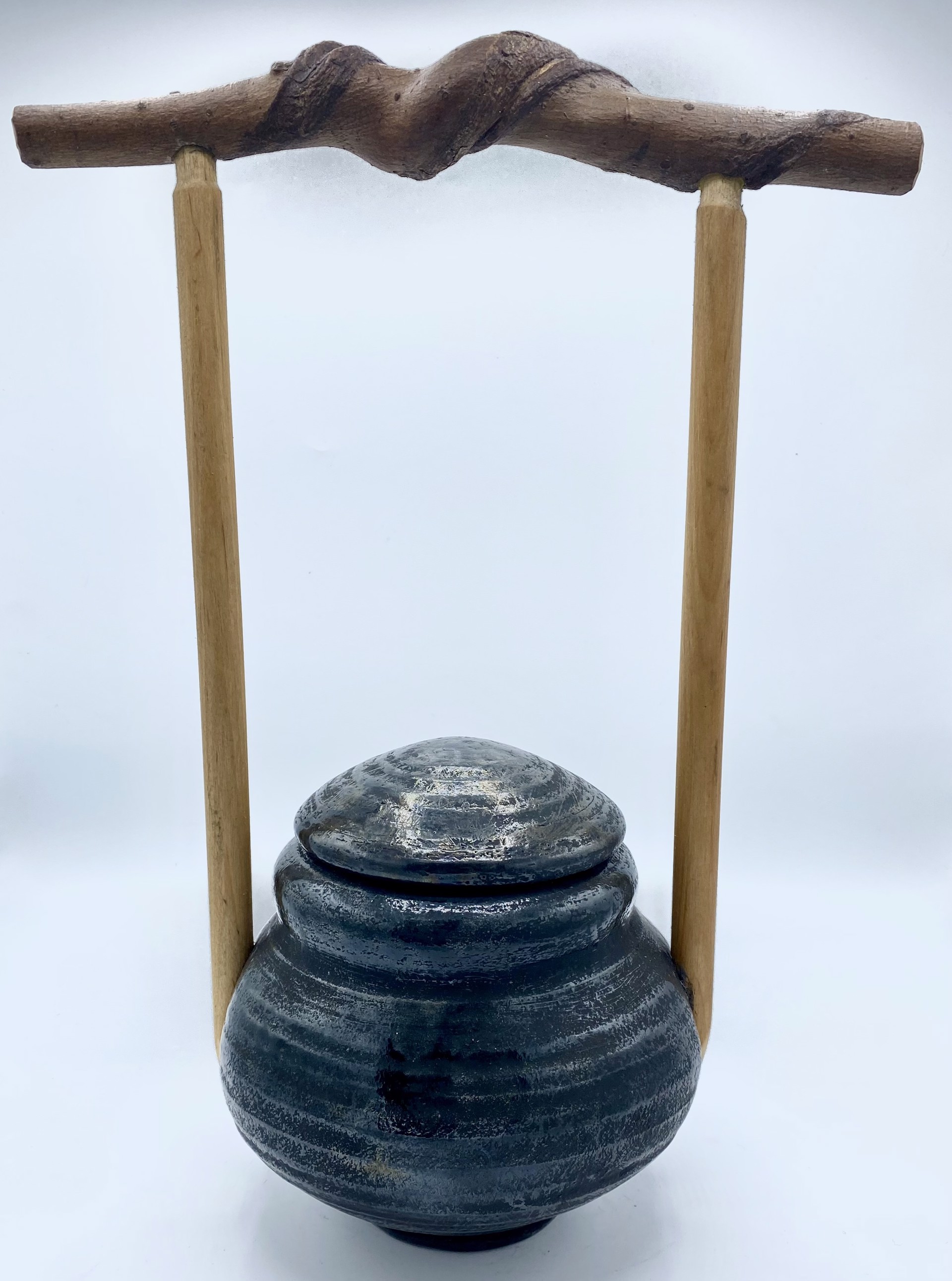 Wooden Handled Black Lidded Pot by Obie Clark
