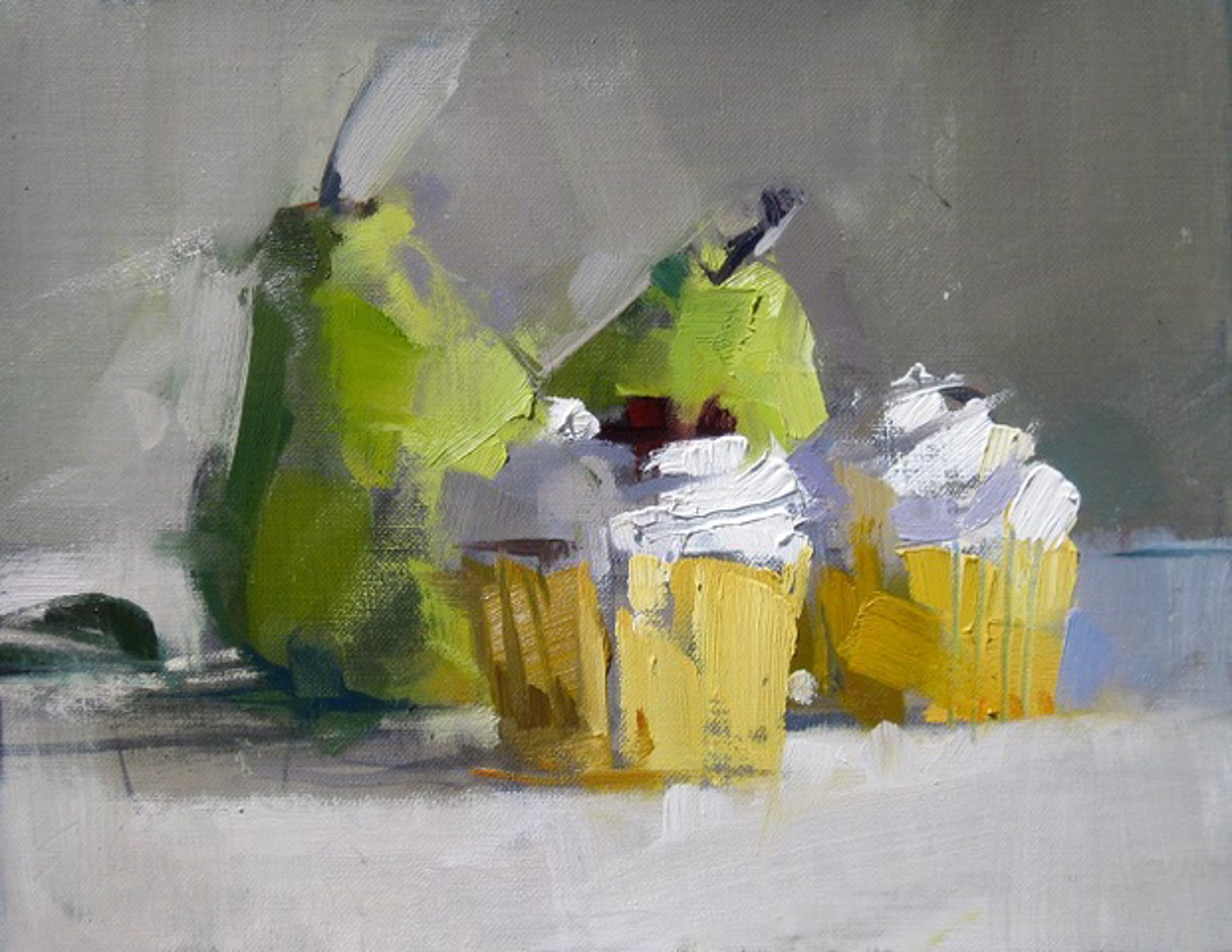 Green Pears and Two Cupcakes by Maggie Siner
