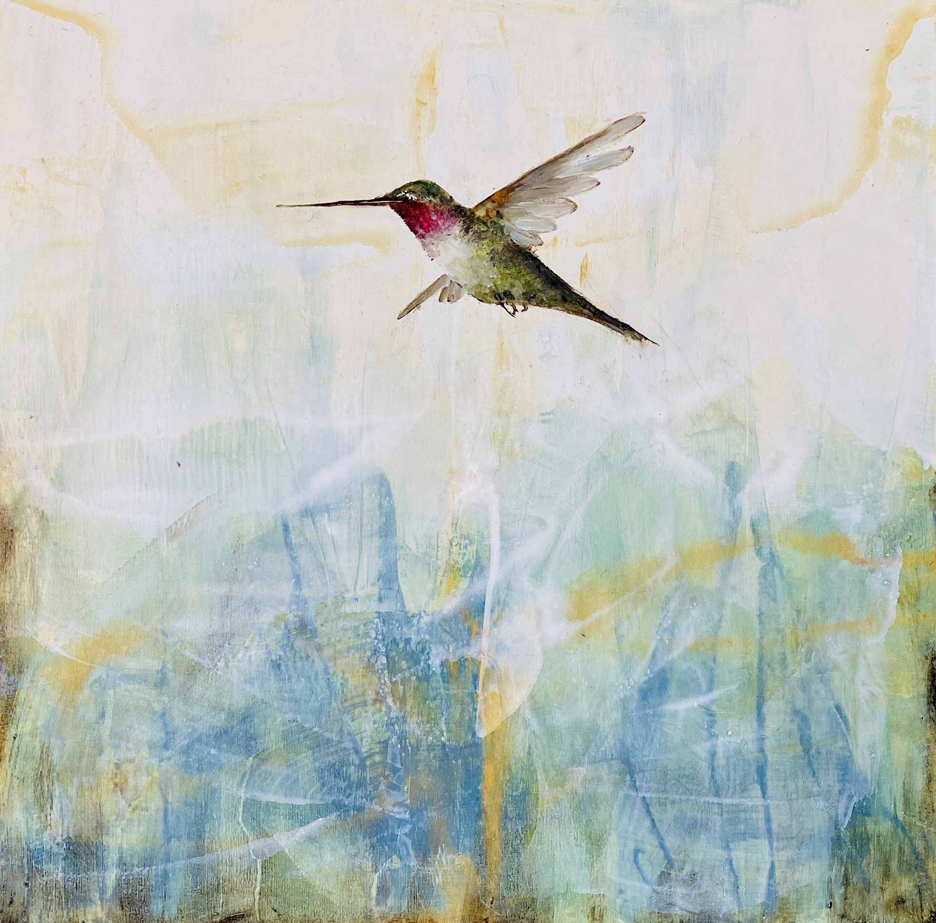 Original Oil Painting Featuring A Red Throated Hummingbird Over Abstract Blue And Green Background