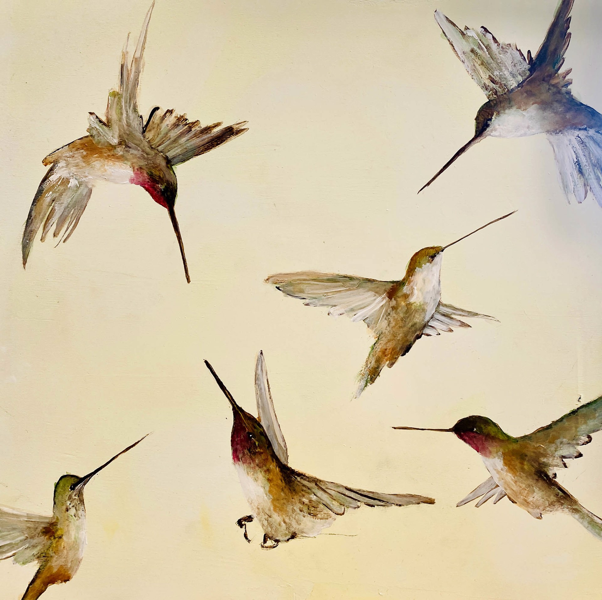Original Oil Painting Featuring A Flurry Of Hummingbirds Over Yellow Background