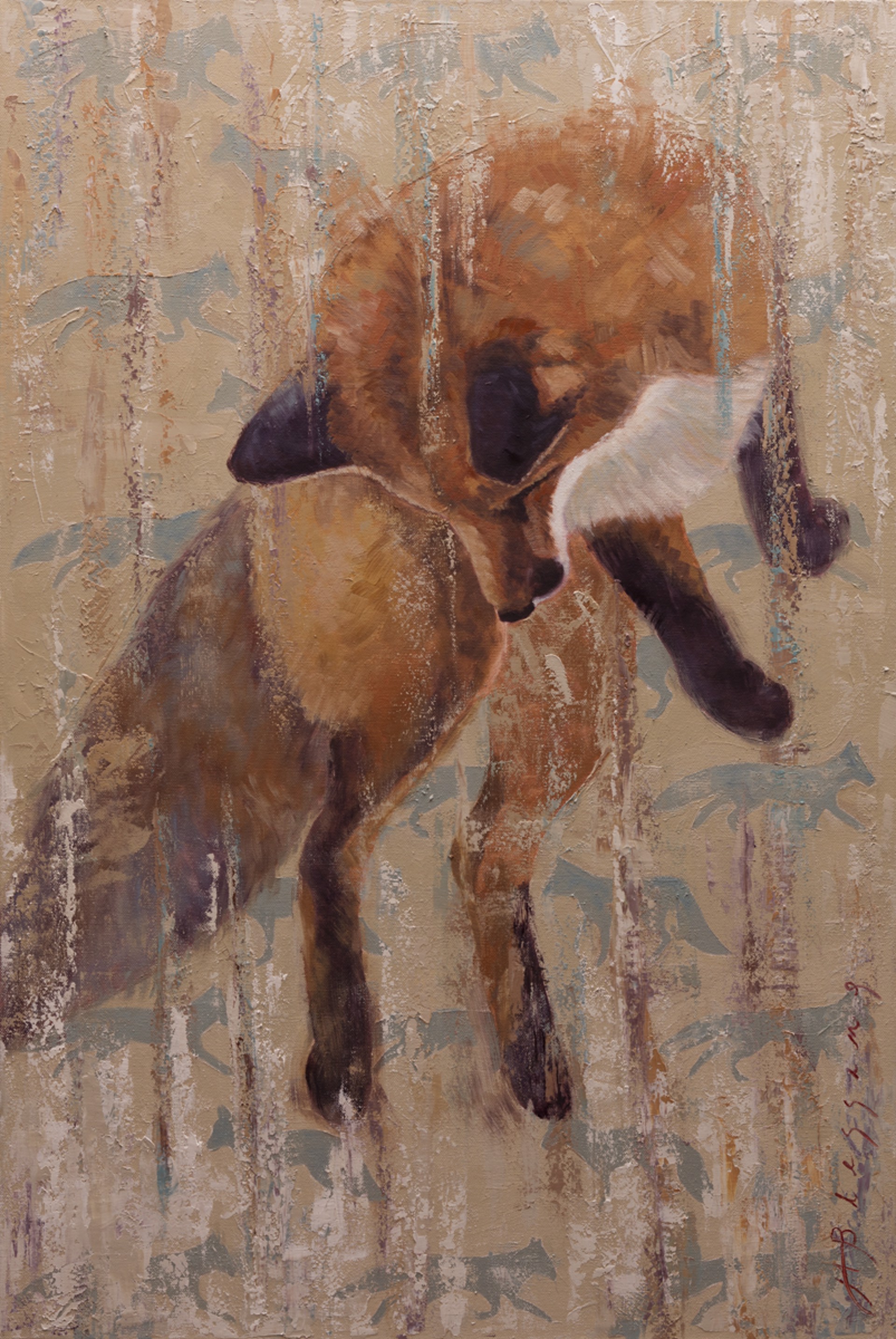 An Oil Painting Of A Red Fox Leaping In The Air With A Contemporary Abstract Tan Background Featuring Rows Of Blue Fox Silhouettes By Meagan Blessing