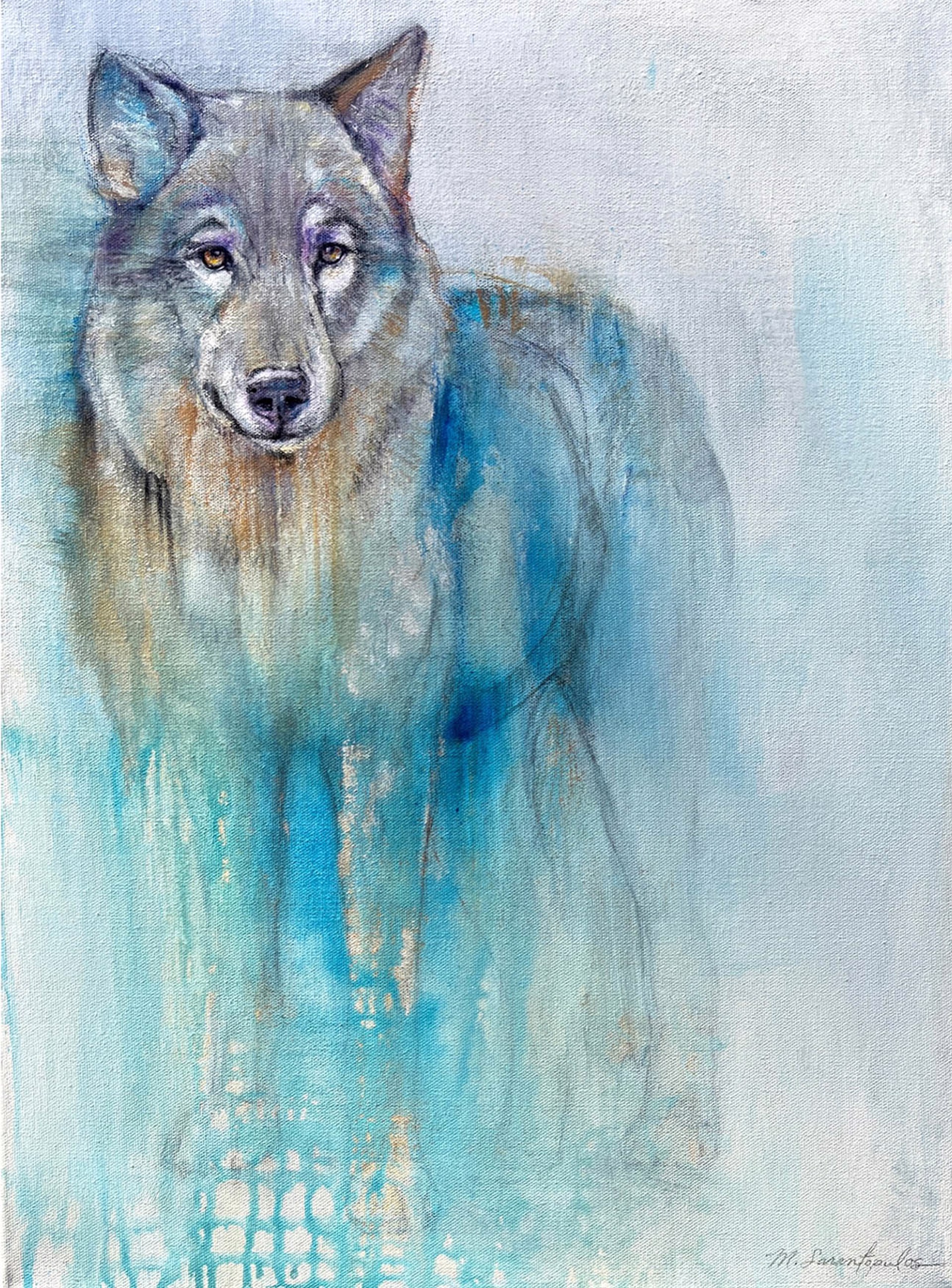 Original Mixed Media Painting Featuring A Standing Wolf Portrait Over Abstract Blue Background