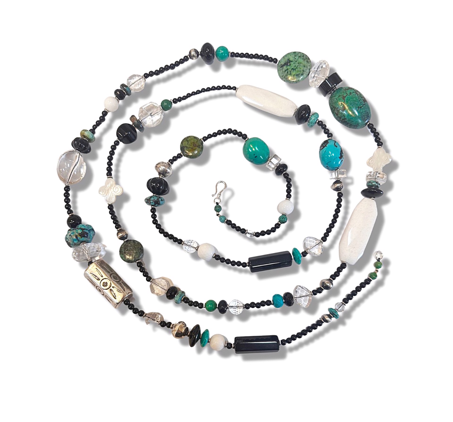 KY 1485 - 60" Onyx, Rock Crystal, and Turquoise Rope Necklace by Kim Yubeta