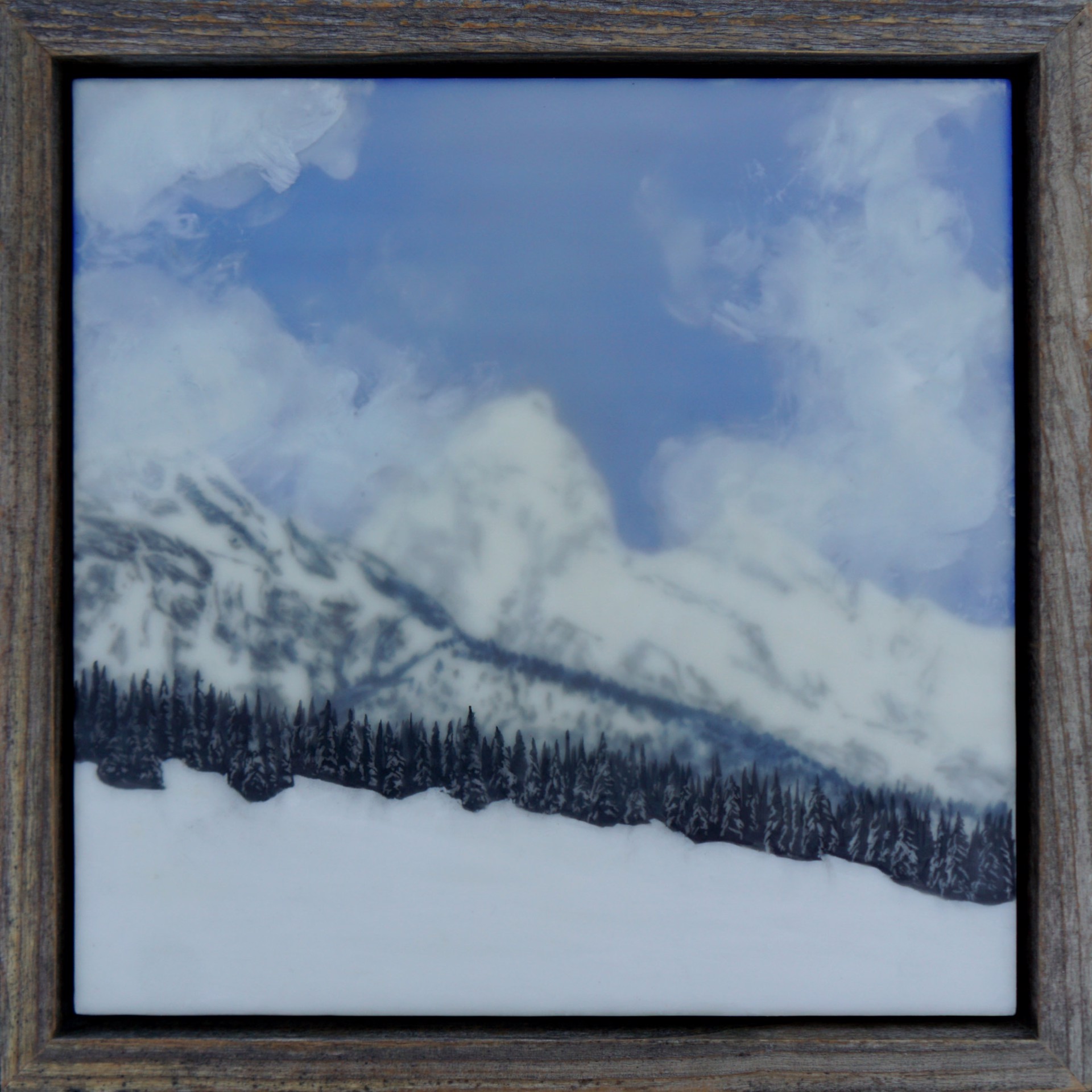 An Original Encaustic And Milk Paint Painting Of The Grand Teton And Surrounding Mountains On A Misty Snowy Morning With Blue Sky, By Bridgette Meinhold