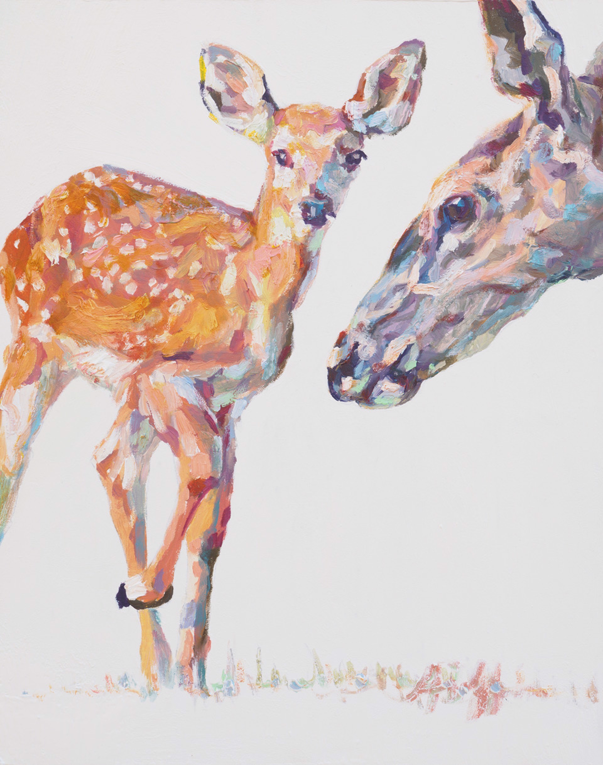 Original Oil Painting Of A Doe And Fawn Featuring A Contemporary White Background, By Patricia A. Griffin Available At Gallery Wild