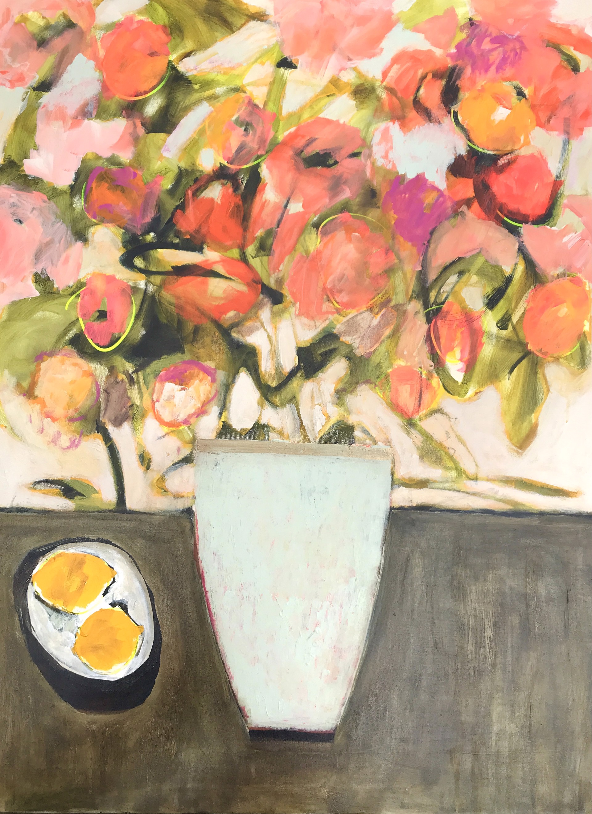 Zinnias with Plate of Lemons by Rachael Van Dyke